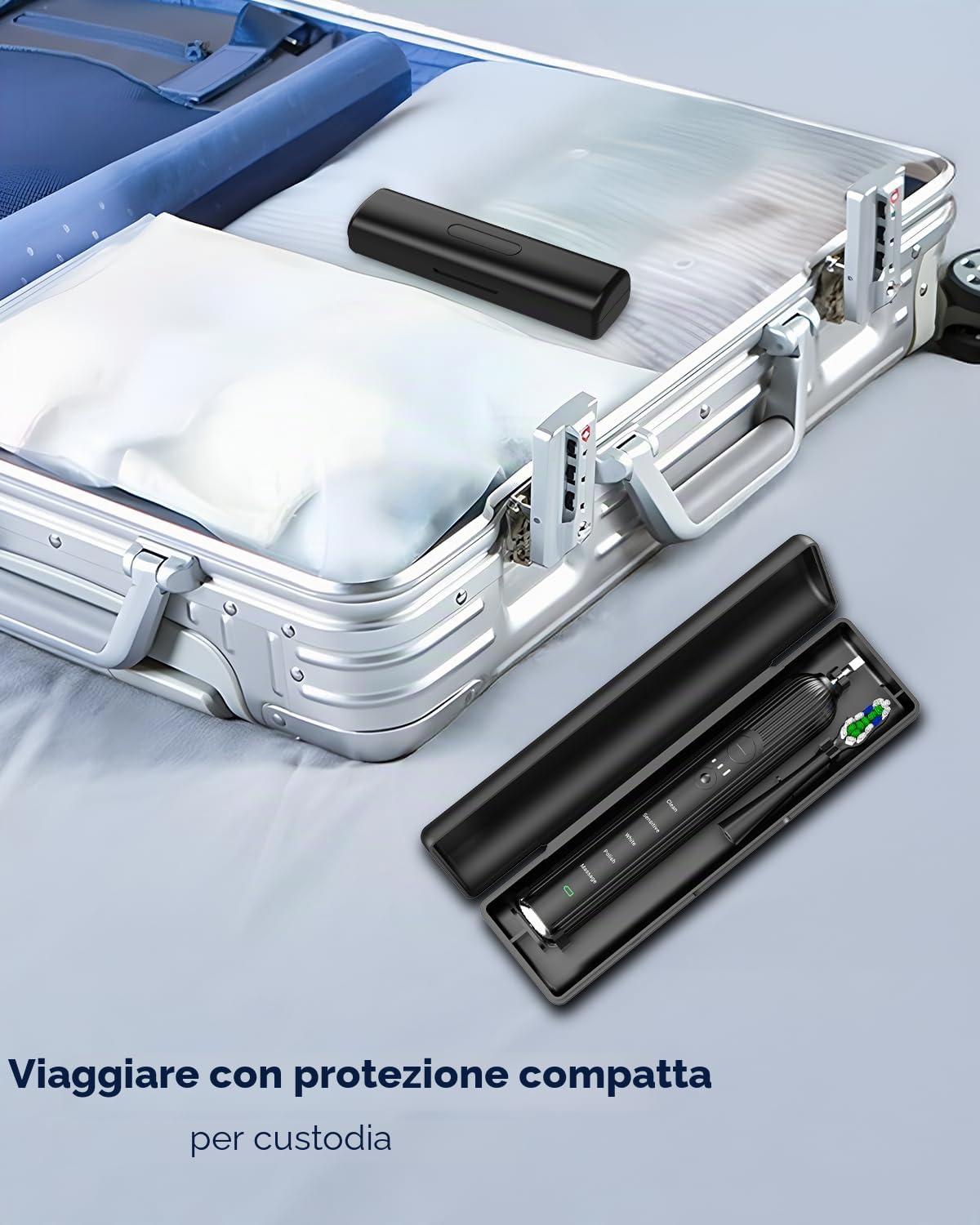 Spazzolino da denti elettrico sonico per adulti e bambini, 5 modalità di pulizia, 3 livelli di intensità, timer incorporato, 8 testine incluse, custodia da viaggio, nero