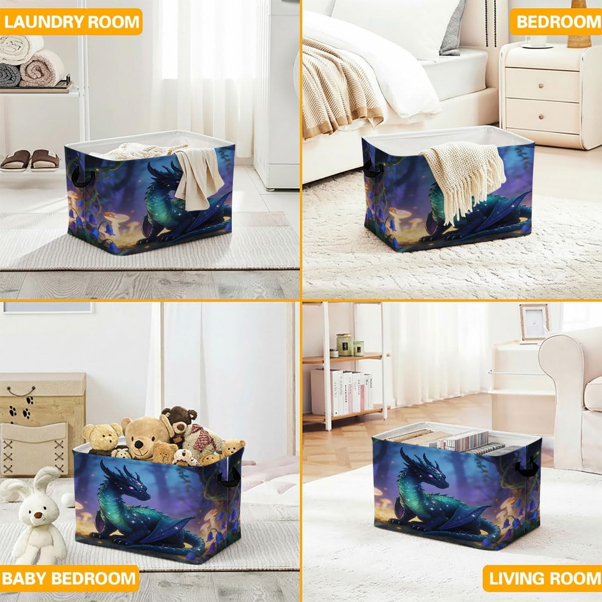 56L Dragon Rectangular Storage Bin,Laundry Basket Clothes Hamper with Handles,Foldable Blanket Storage Cotton Linen Laundry Hamper with Waterproof PE, Home Decor.