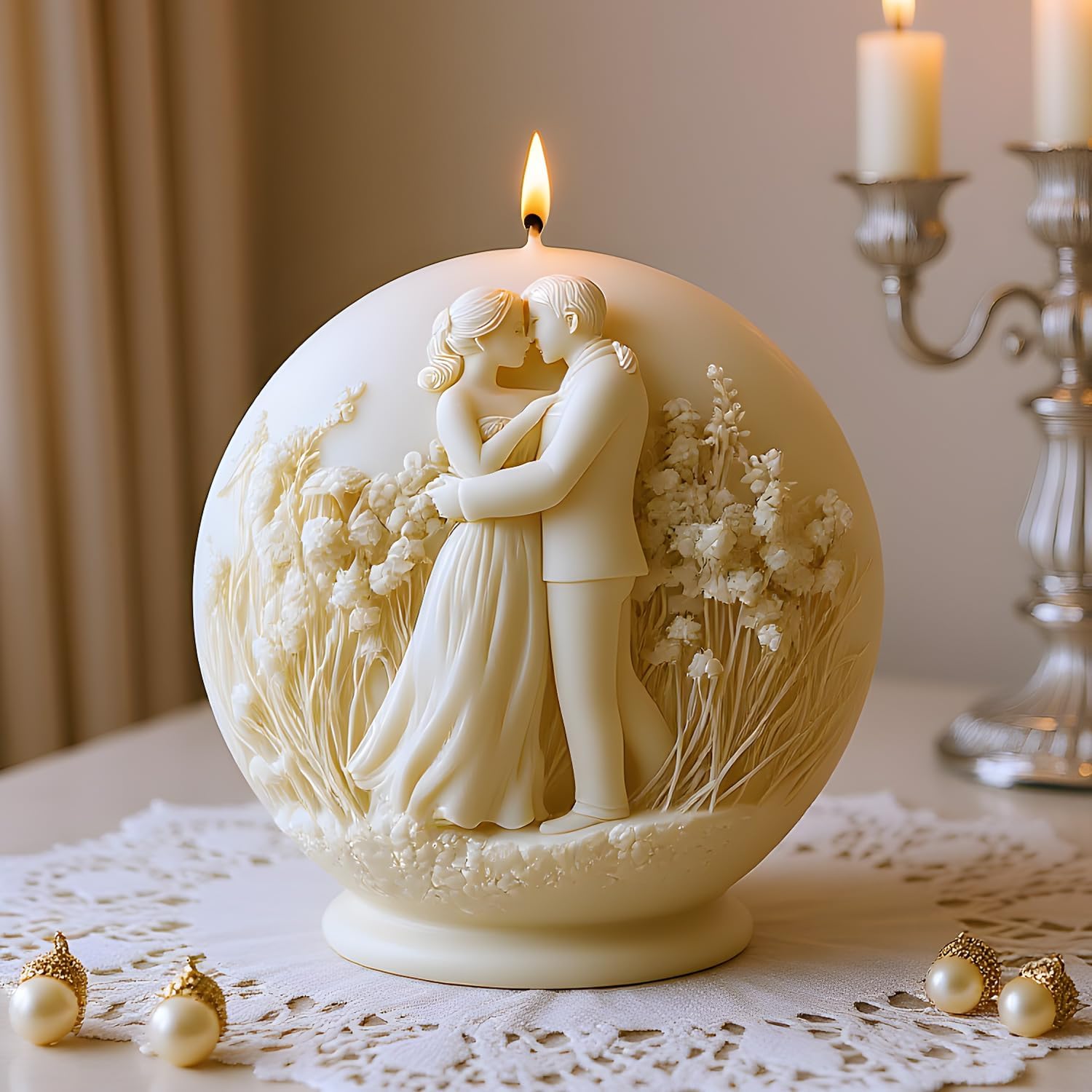 Romantic Couple Kissing Spherical Candle Mold Wedding Floral Embossed Design Candle Silicone Molds for Candles Making Resin Casting Aromatherapy Candles Handmade Wax Home Decor