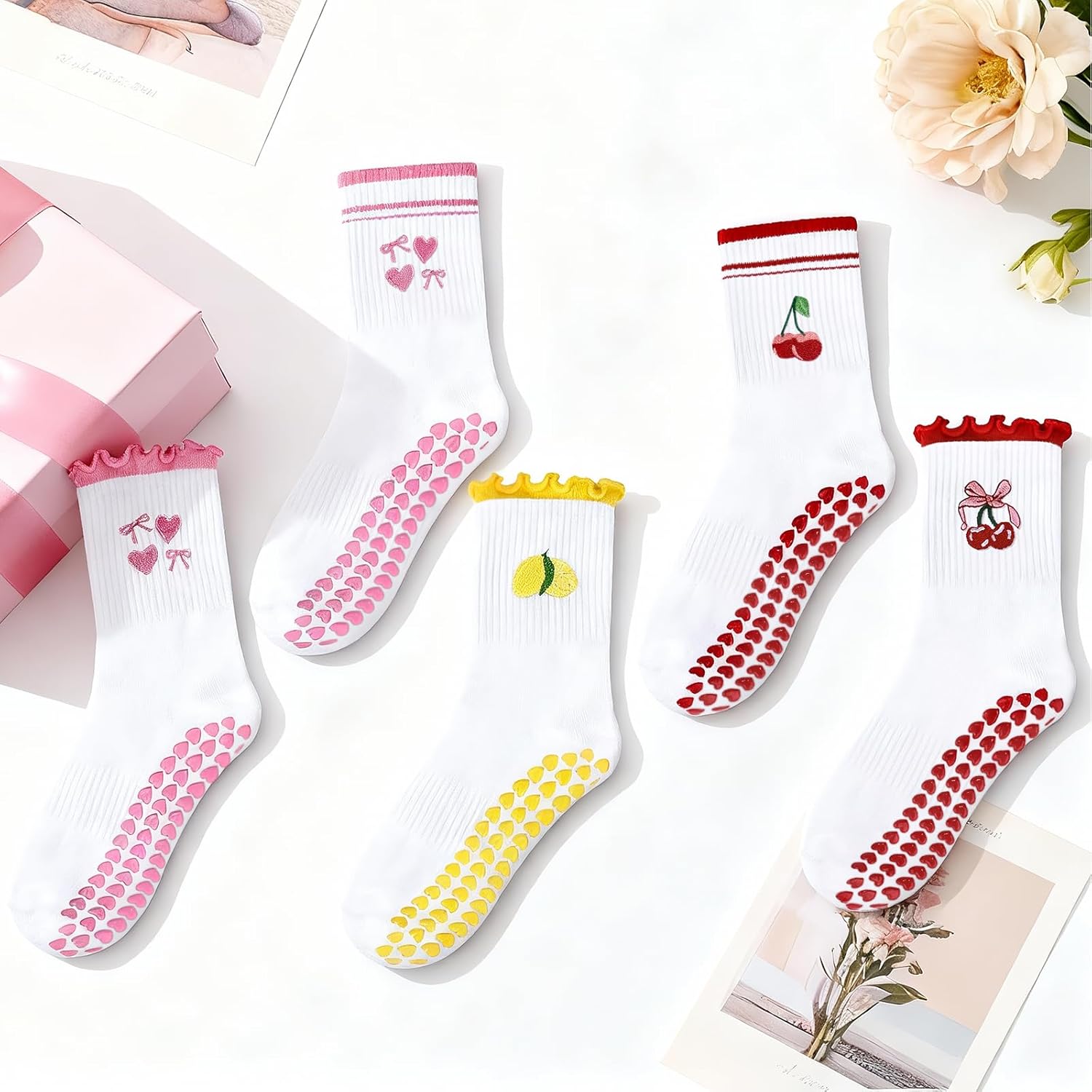 Etercycle Pilates Socks for Women, Cute Embroidery Pattern Yoga Grip Socks, Soft Cotton Crew Grippy Sock for Barre Workout - Image 7