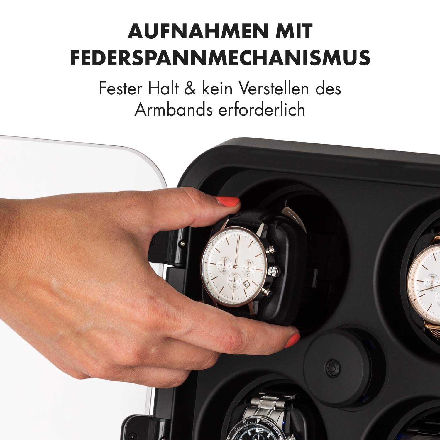 Klarstein Uhrenbeweger für 4 Uhren, Automatik für Damen & Herren, für Automatikuhren, Leiser Automatischer, Watch Winder Mit LED-Beleuchtung, 3 Rotationen