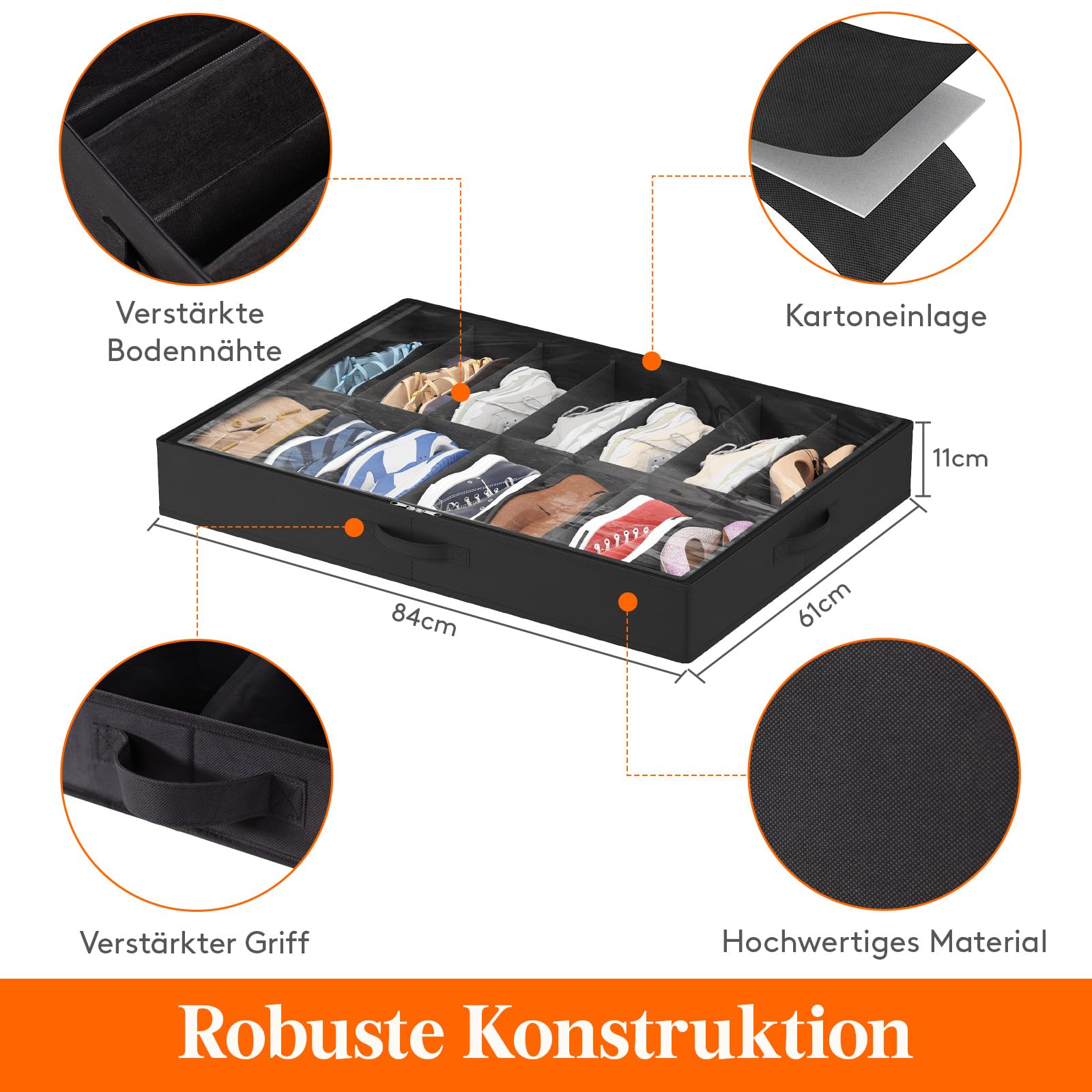 Lifewit Unterbett-Schuh-Organizer, 2 Stück (14 Paar), 10,9 cm hoch, Stoff-Schuhbehälter, faltbare Schrank-Schuhtasche mit 2 verstärkten Griffen und transparenter Abdeckung, Schwarz
