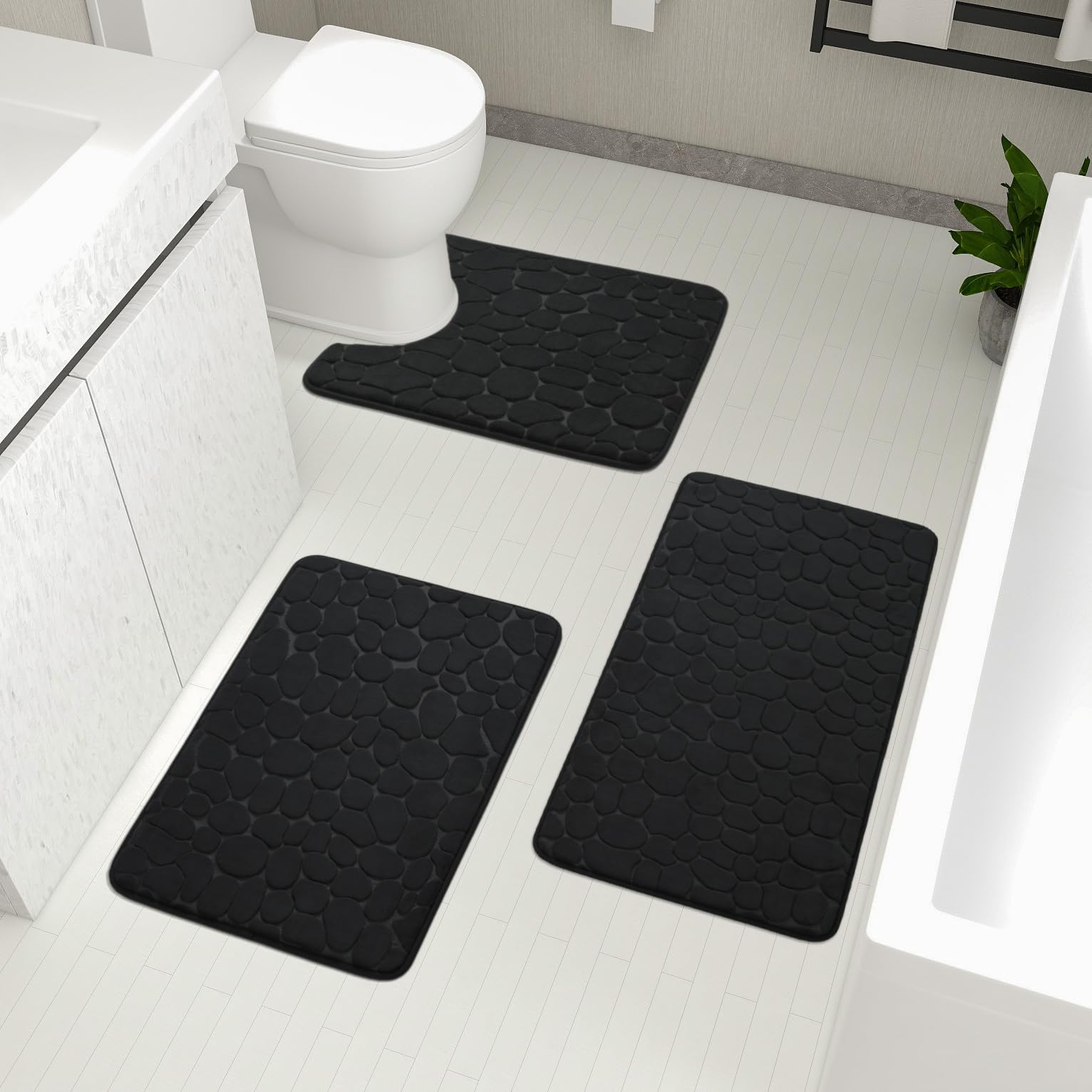 chakme Badezimmer Teppiche Sets 3 Stück, Cobblestone Memory Foam Badezimmer Matten Set dick, Anti-Rutsch-Badematten für Bad