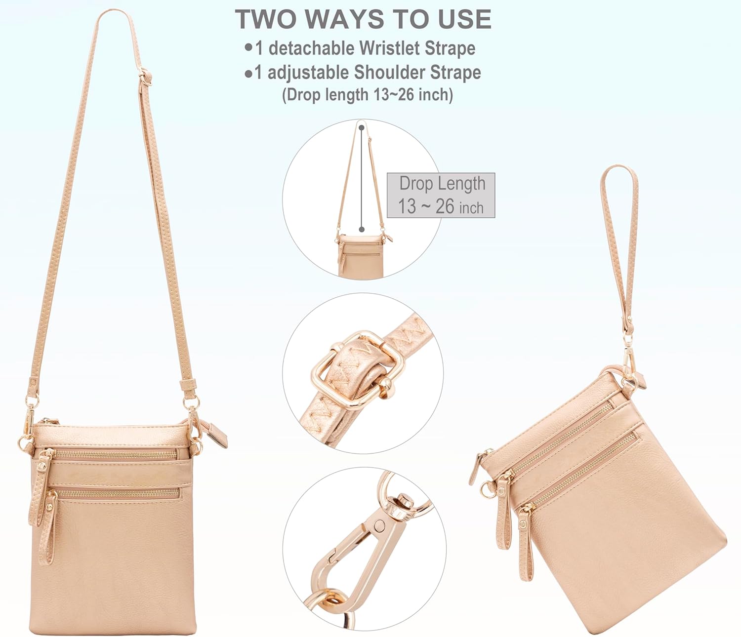 Solene Small Crossbody Bag for Women, Multi Zip Pockets with Detachable Wristlet, Lightweight Travel Purse, Cell Phone Pouch - Image 5