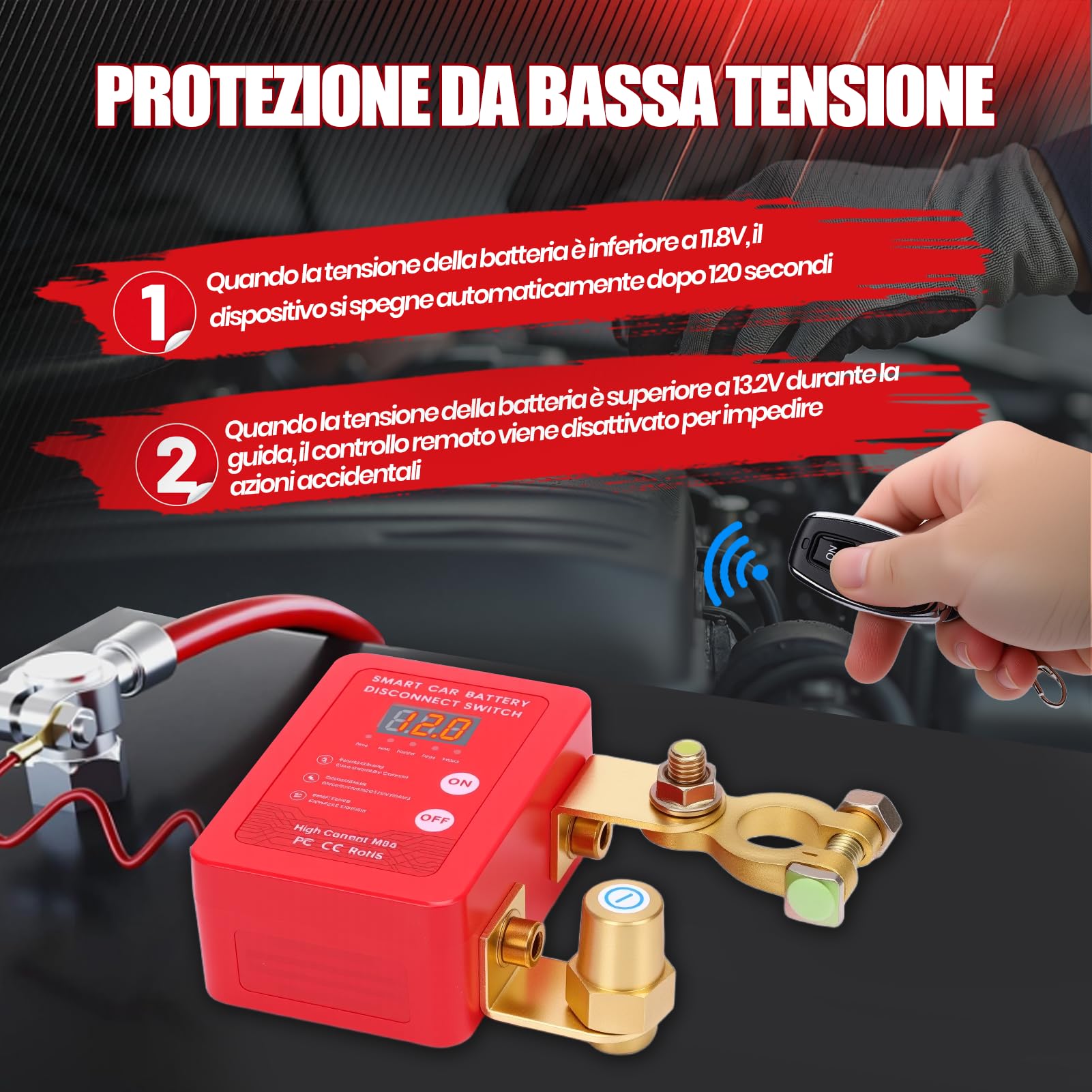 Stacca Batteria 12V per Auto, 240A Remoto Automatico Stacca Batteria Senza Fili, Interruttore di Isolamento con Telecomando per Camion Barca Auto RV ATV (Rosso)