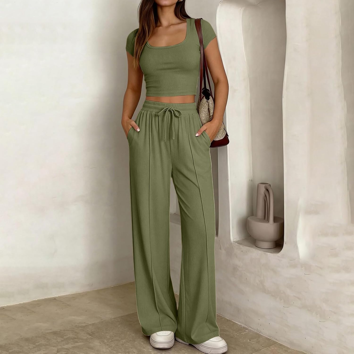 2 Piece Matching Summer Sweatsuit for Women Wide Leg Pants with Pockets Square Neck Slim Fit Crop Top Lounge Set