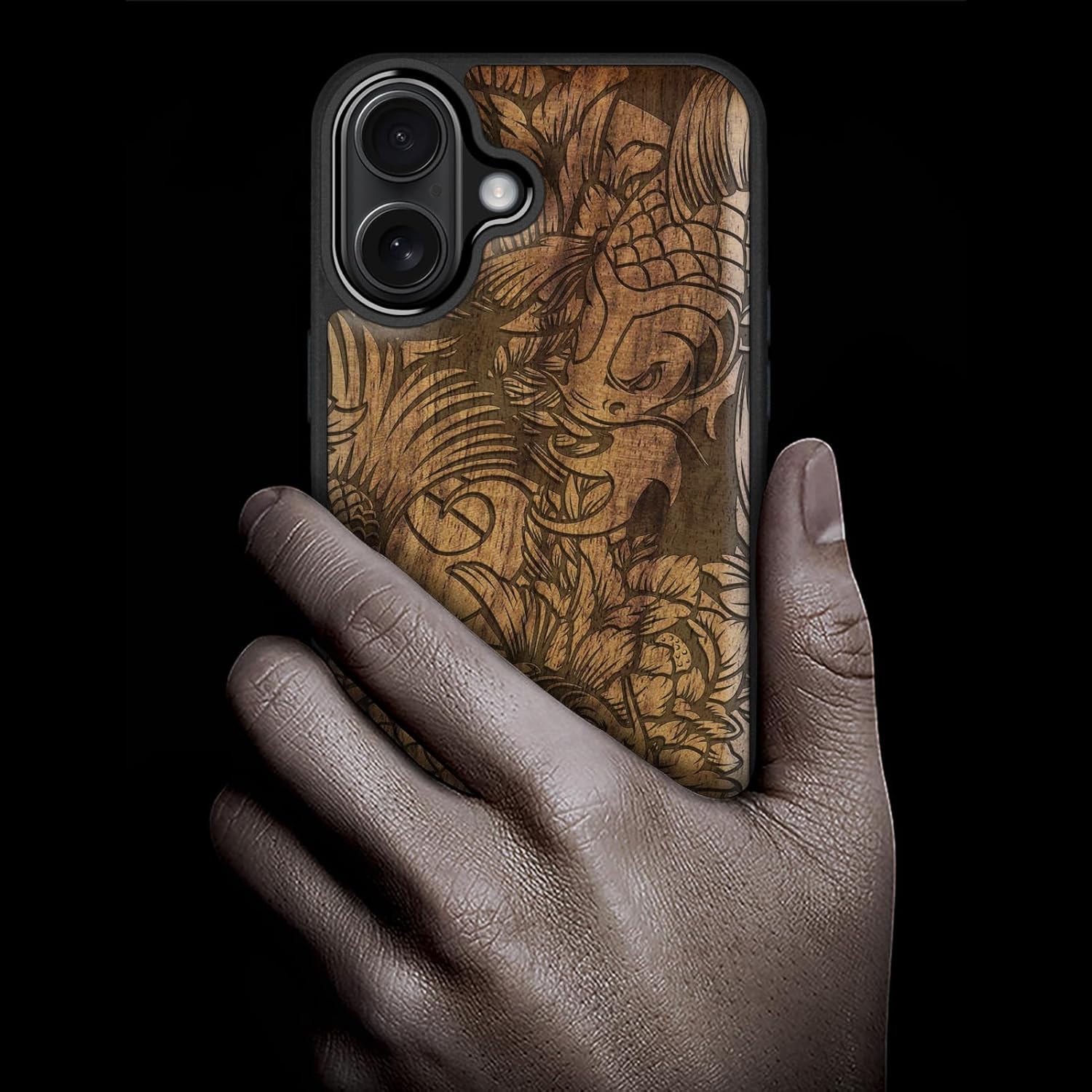 Carveit Magnetic Wooden Case for iPhone 17 Case, Wood Artisan Engraved & Black Soft TPU Shockproof Cover, Compatible with MagSafe Wireless Chargers (Flowing Harmony) Walnut