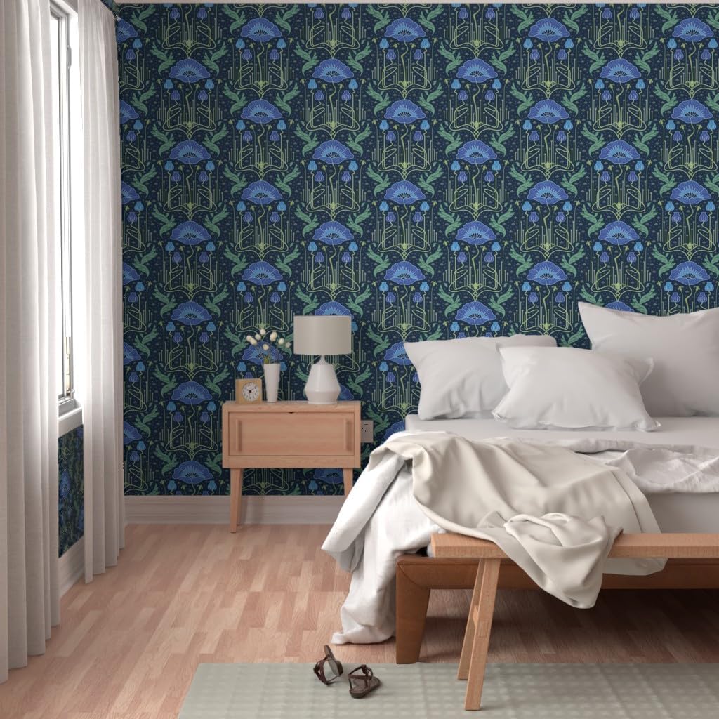Spoonflower Peel & Stick Wallpaper 3ft x 2ft - Whimsical Art Nouveau Poppy Blue Damask Custom Removable Wallpaper