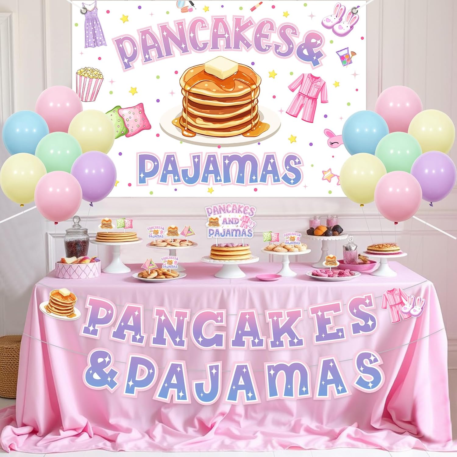 Pancakes and Pajamas Party Decorations for Girls - Pancakes and Pajamas Backdrop, Banner, Cake Topper Cupcake Toppers, Sleepover Birthday Slumber Bachelorette Spa Theme Party Supplies