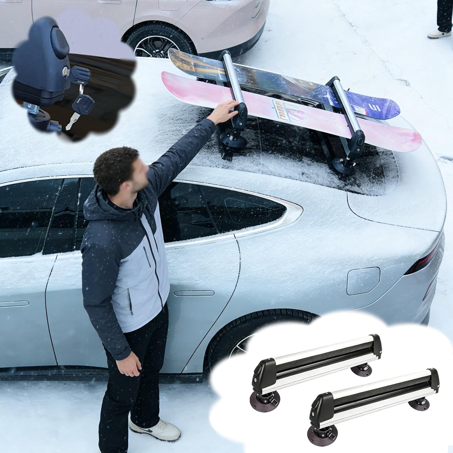 Lockable Hitch-Mounted Snowboard/Ski Rack, Bar-Free Ski Poles Holder with Adjustable Suction Cups, 2 PCS Non-slip Roof Skateboard Organizer(Black)
