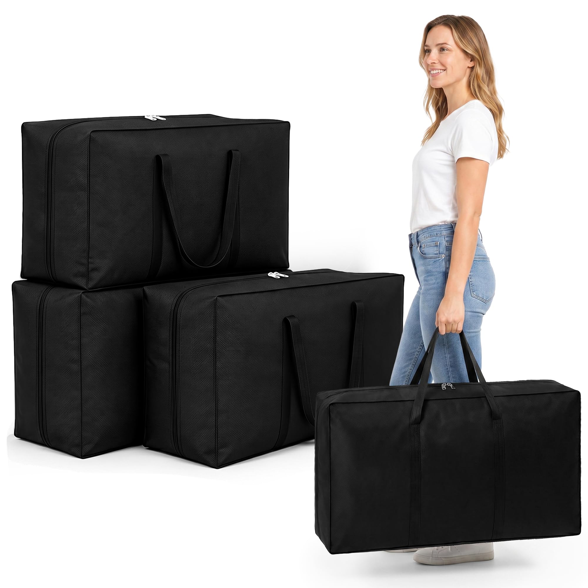 HueeeJot Heavy Duty Moving Bags 4 Pack - 105L Extra Strong Storage Bags with Metal Zips, Water-Resistant Alternative to Cardboard Boxes for Moving House, Loft & Seasonal Storage (Black) — image 1