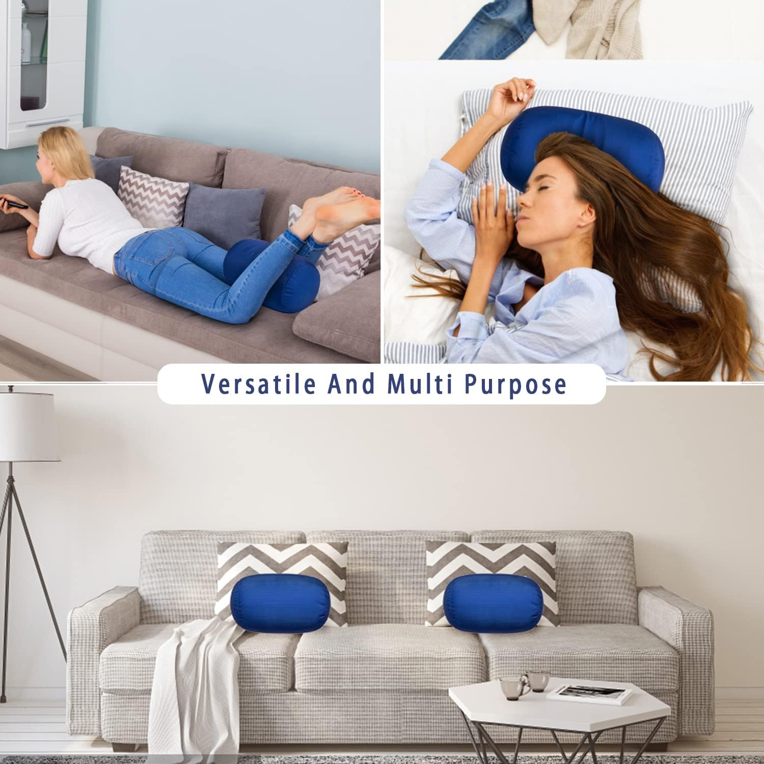 Squishy Microbead Bean Neck Pillow 2Pcs Bolster Tube Body Pillow for Sleeping Smooth Cool Touch Fabric Neck & Back Support Throw Travel Pillow Fun Colors (Navy Blue 2Pcs) - Image 8