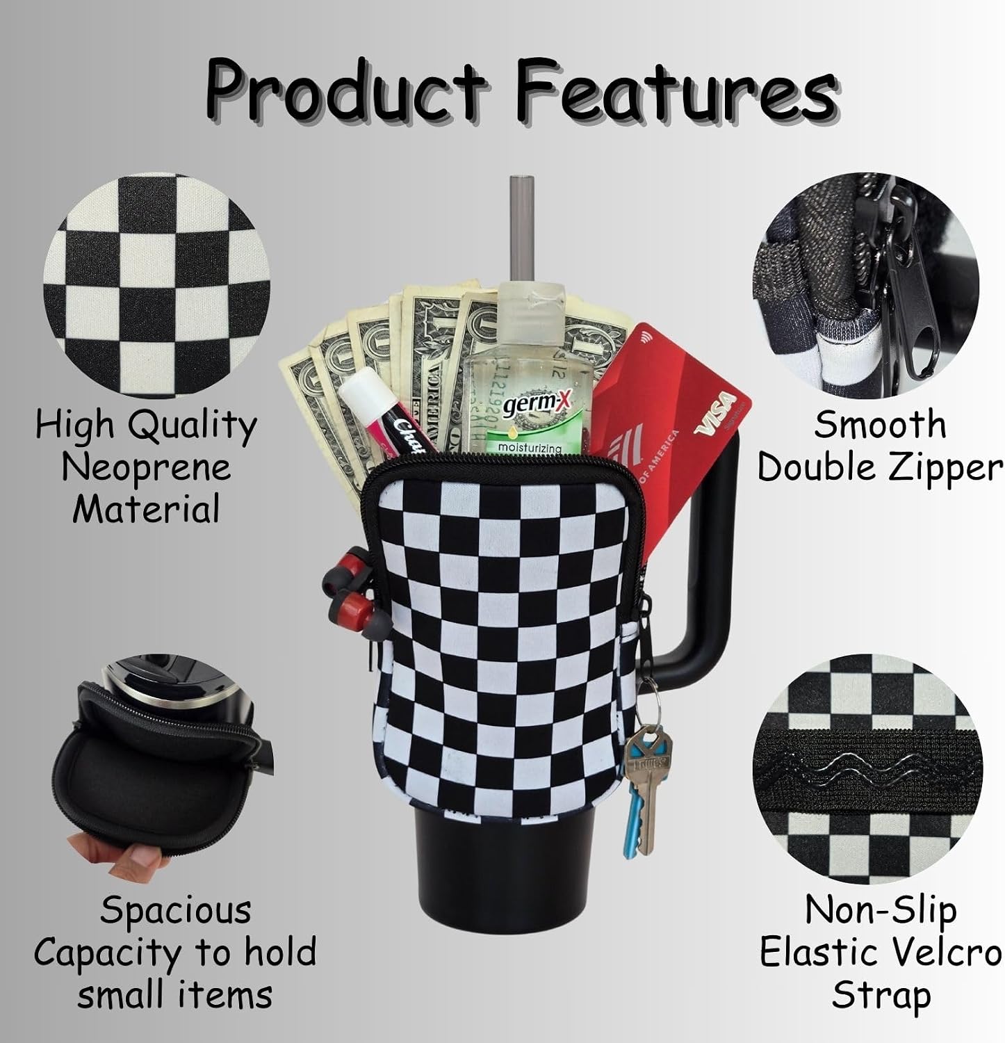 Water Bottle Pouch Accessory | Compatible with Stanley Tumbler| Great for Workouts, Gym, Sports| Keeps Cash, Keys, and Earbuds Safe (Medium Checkered) image 3