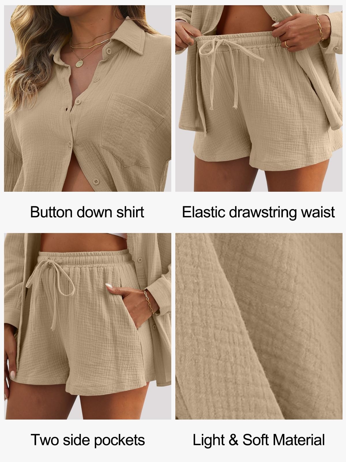Yutdeng Completo Lino Donna Estivo 2 Pezzi Camicia a Maniche Lunghe e Pantaloncini Lino Donna Eleganti Set Tuta Casual Completi Sportivi Tute da Ginnastica con Coulisse e Tasche