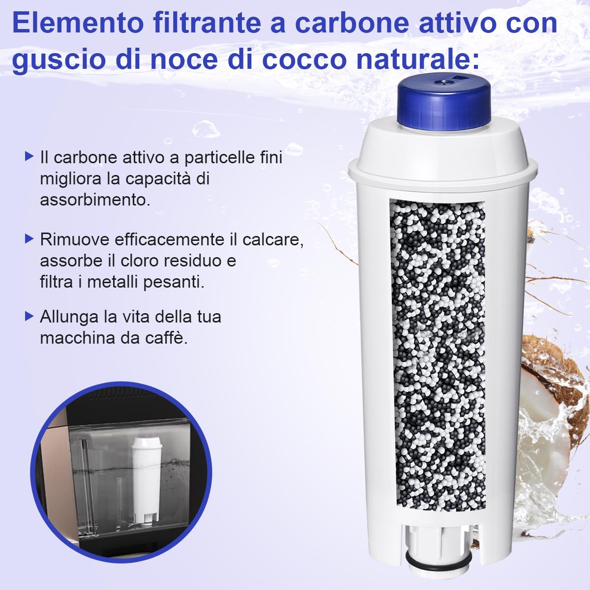 Filtro Acqua Addolcitore Compatibile con Macchine da Caffè Delonghi ECAM, Dinamica, Magnifica S, Rivelia, ETAM, Autentica, Esam, DLSC002, Filtro per Macchina Caffè Delonghi