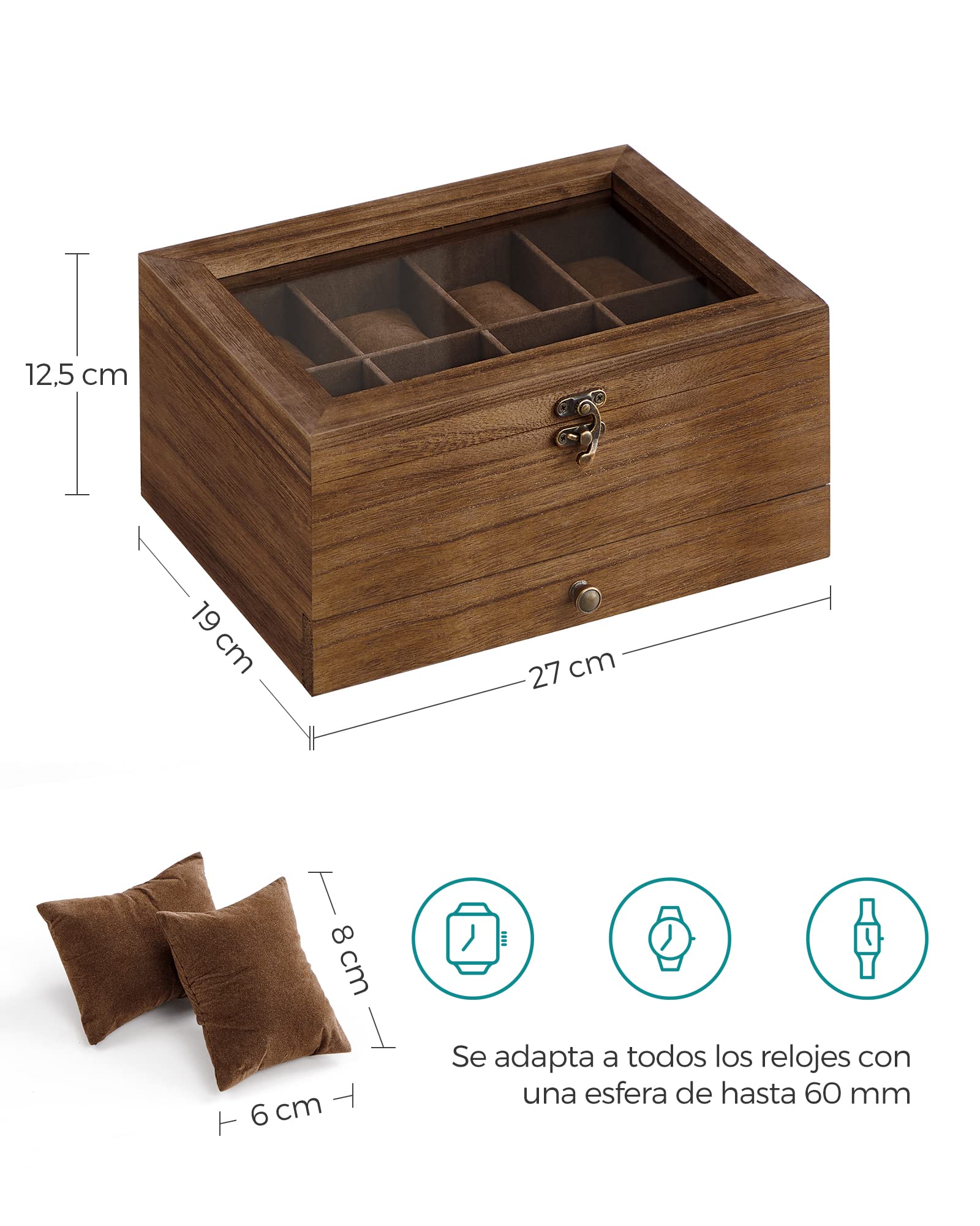 SONGMICS GISELLA Caja de Relojes 8 Ranuras Estuche Madera 2 Niveles Tapa Cristal Nogal Rústico