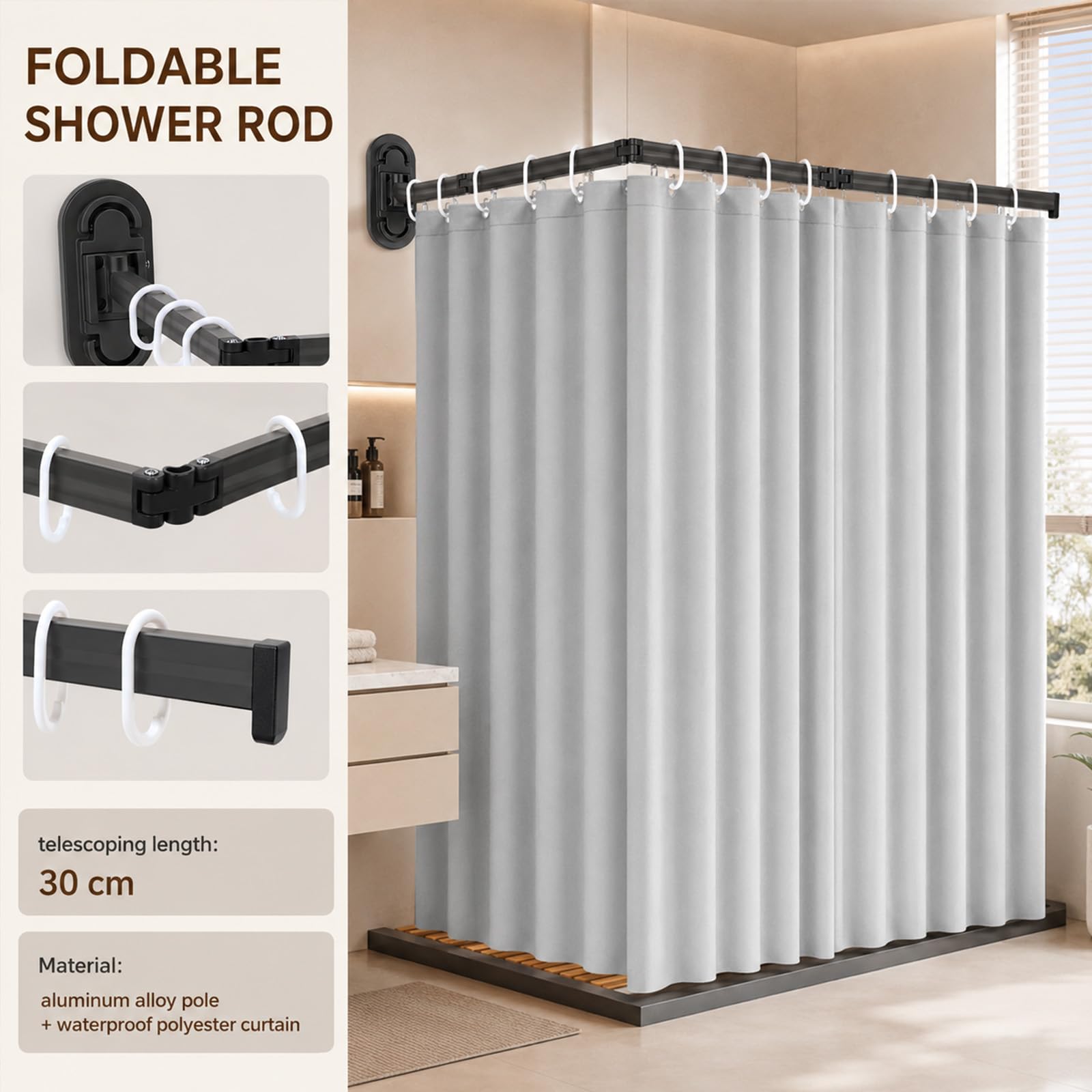 Tenda da doccia senza fori, 1,8 x 2 m, montaggio a parete, asta angolare, potente ventosa a 4 pieghe, asta per tenda da doccia pieghevole con ventosa, per bagno, spogliatoio, camper, grigio chiaro