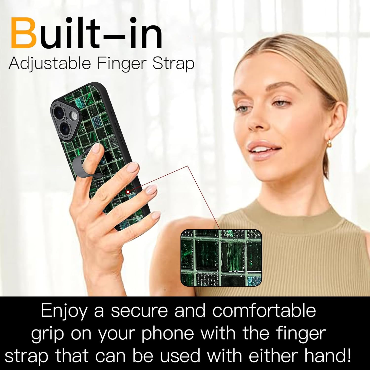 SOKAD 3D Tiles Phone Case for iPhone 17 with Finger Strap Kickstand, Aesthetic Green Toned Glass Tiles Design with Finger Hand for Women Girls, Slim Full Camera Protection Shockproof Cover
