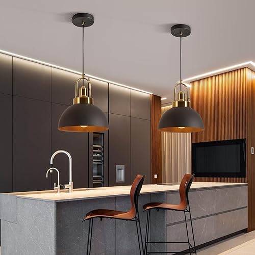 Miniatura 5 de Lámpara colgante profesional negra con cúpula de 9.84 pulgadas y enchufe de latón, cable de 78.74 pulgadas, perfecta para isla de cocina, comedor,