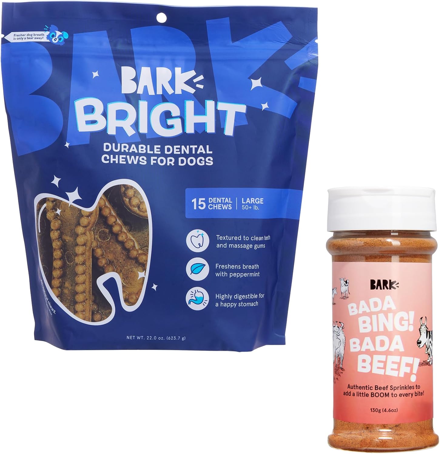 Barkbox Dog Dental & Meal Topper Bundle – Bright Durable Large Breed Dental Chew Sticks (15 Chews) with Bada Bing Beef Shake & Pour Food Topper