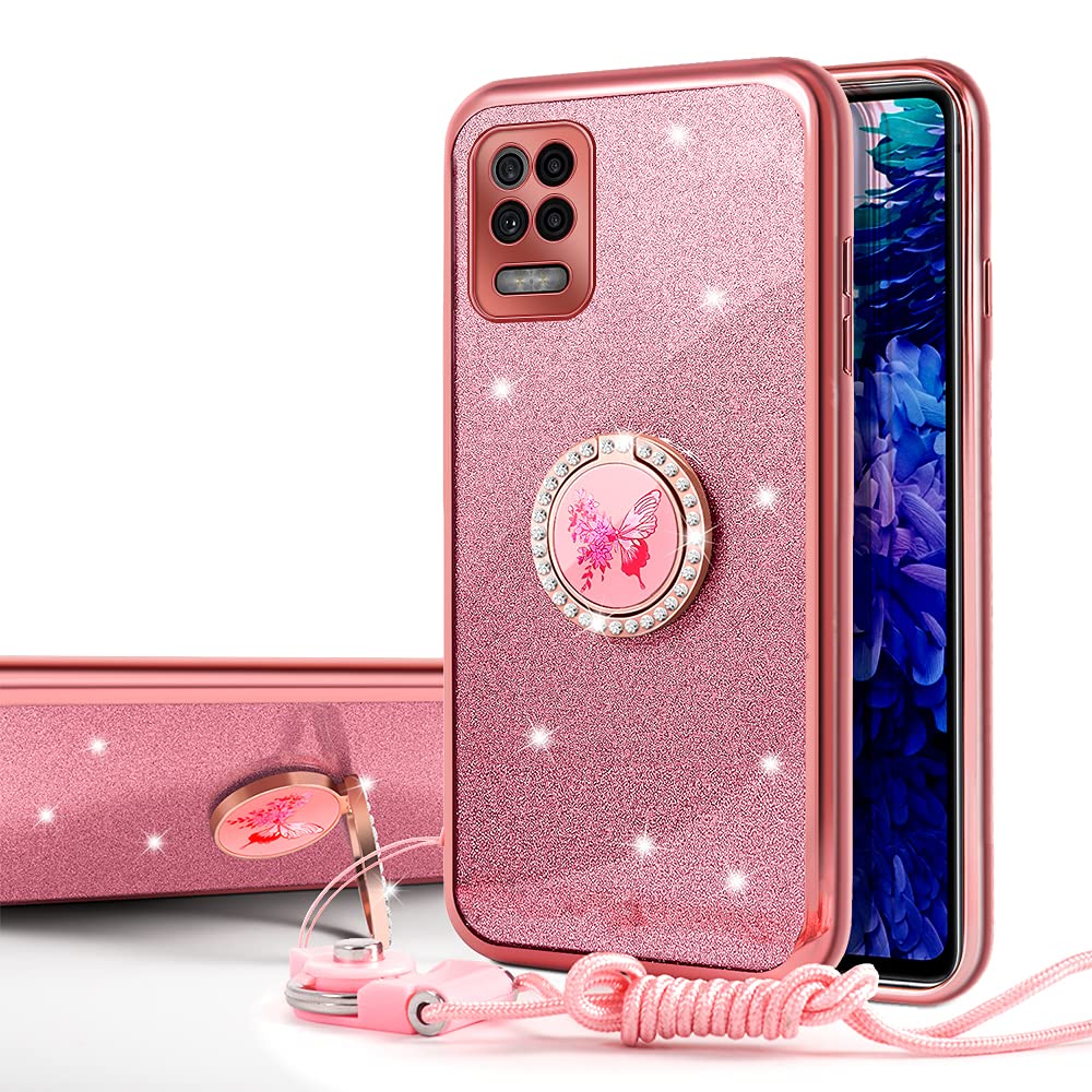 for LG K52 Case LG Q52 case, Cute Glitter Sparkle Bling Diamond Rhinestone Bumper with Ring Kickstand Women Girls Soft Pink Protective Phone Case for LG K52/Q52 (Rose Gold)