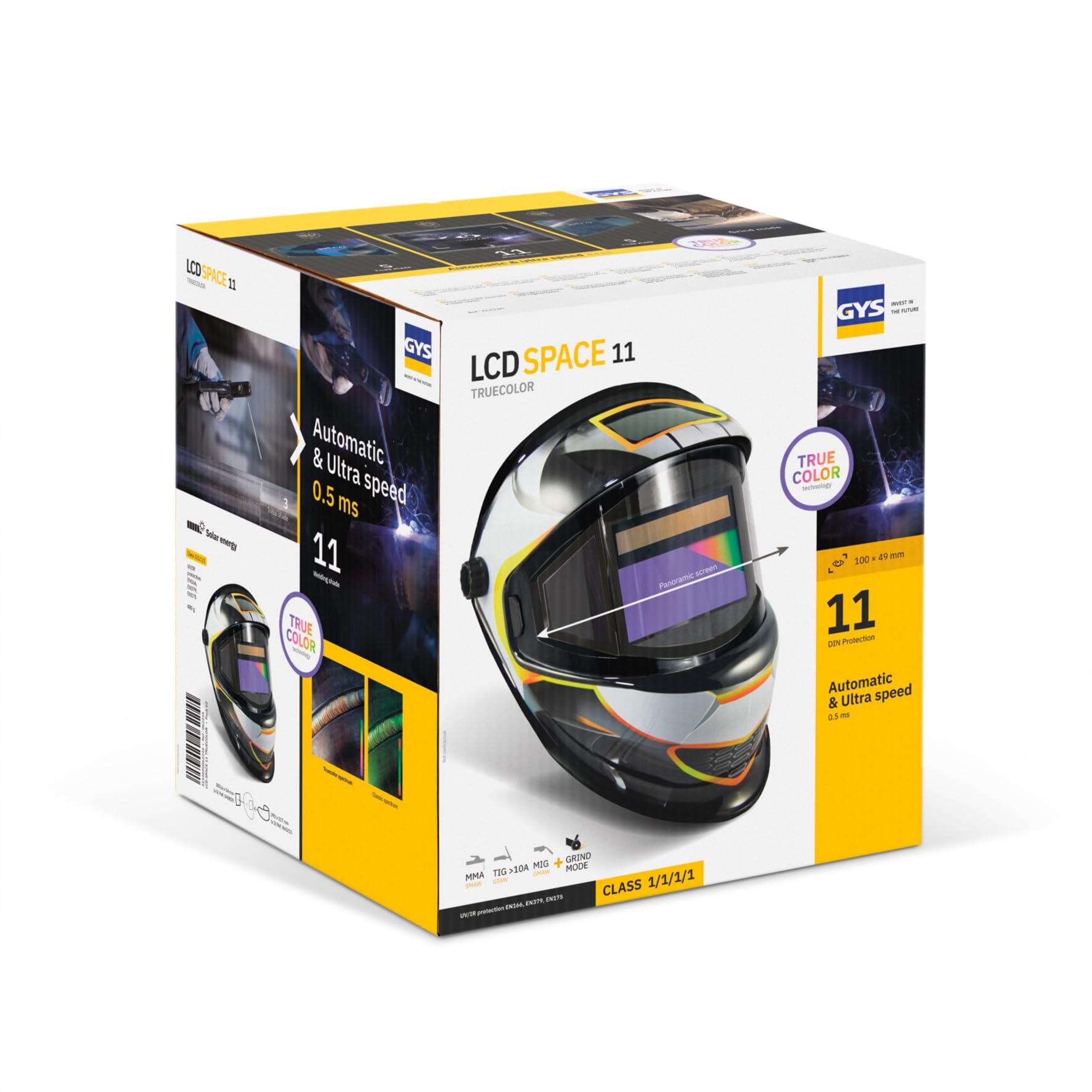 GYS, Masque de Soudage LCD SPACE 11 True Color, Teinte 3/11, Champ de Vision 100x49mm Panoramique, Assombrissement Auto 0,50ms, Classe Optique 1/1/1/1, pour MMA, TIG, MIG/MAG