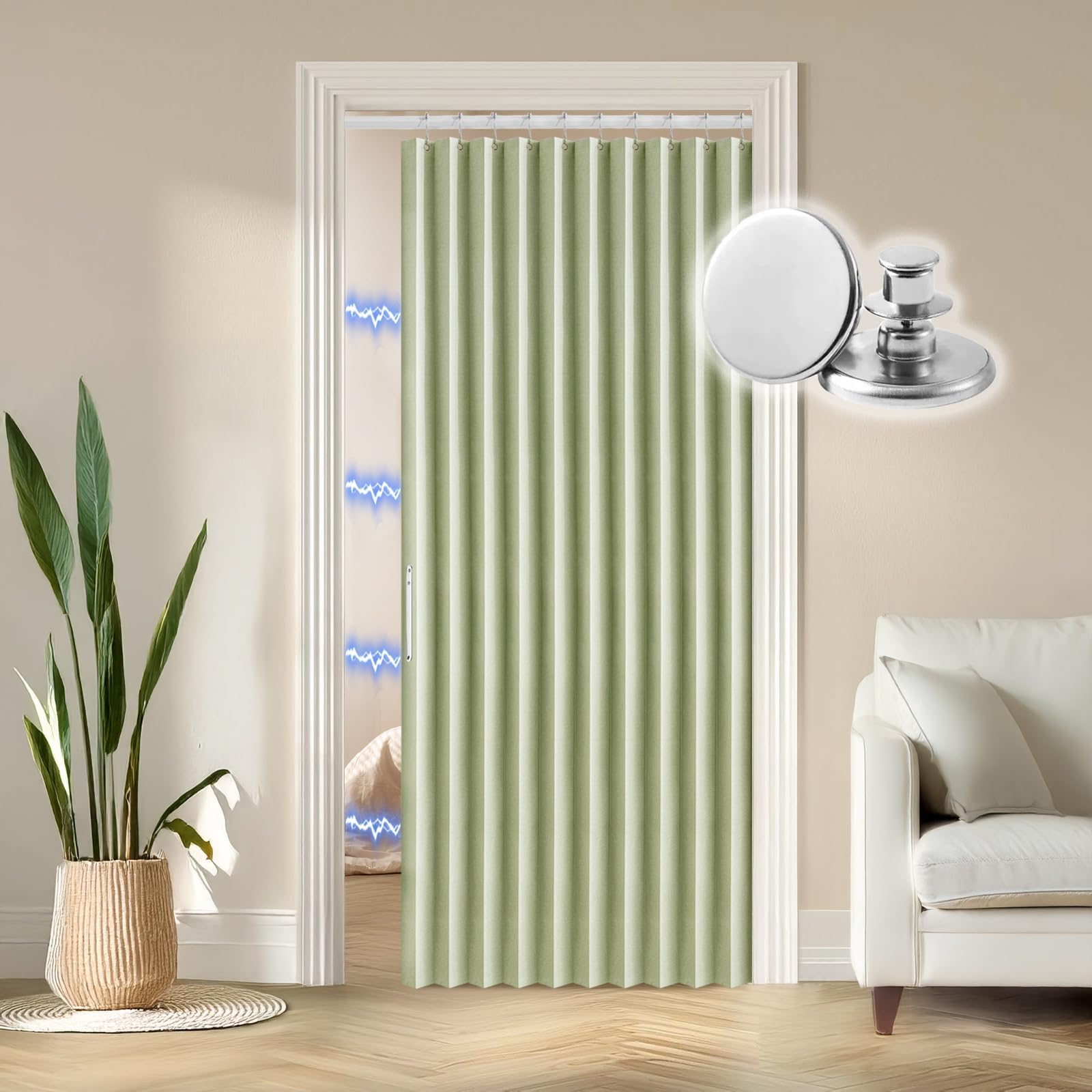 Blackout Door Curtain Pleated Magnetic Doorway Curtain Accordion Door Interior Closet Door Curtain Folding Door Room Divider Invisible Applicable Bedroom Room Living Room(42x78,avocado green)