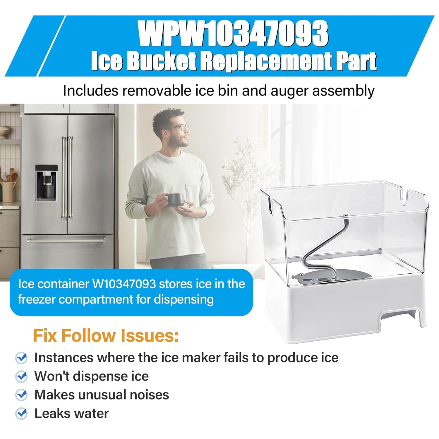 Upgraded WPW10347093 W10347093 Ice Bucket Compatible with Whirlpool Ice Maker, Refrigerator Ice Container Assembly Removable Ice Bin Replacement Parts for W10347100, AP6020018, 2311097, PS11753329