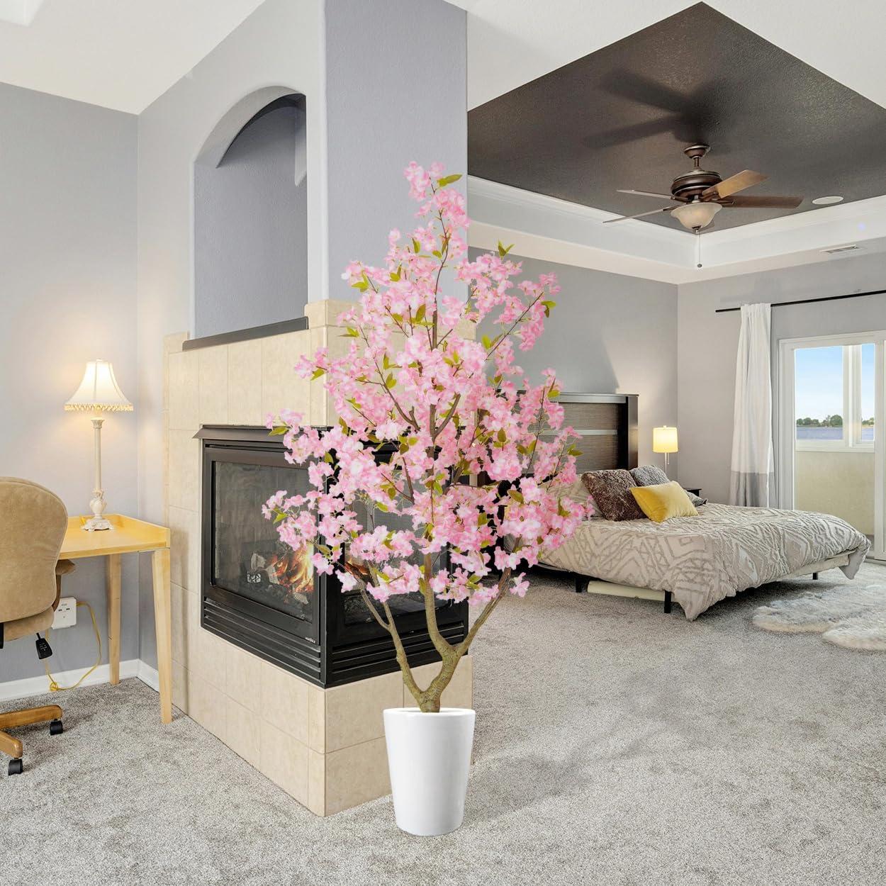 Warmplants 6ft Artificial Cherry Blossom Tree, Fake Sakura Pink Flower Plant in White Planter, Faux Blooming Trees for Home Office Wedding Entryway Décor