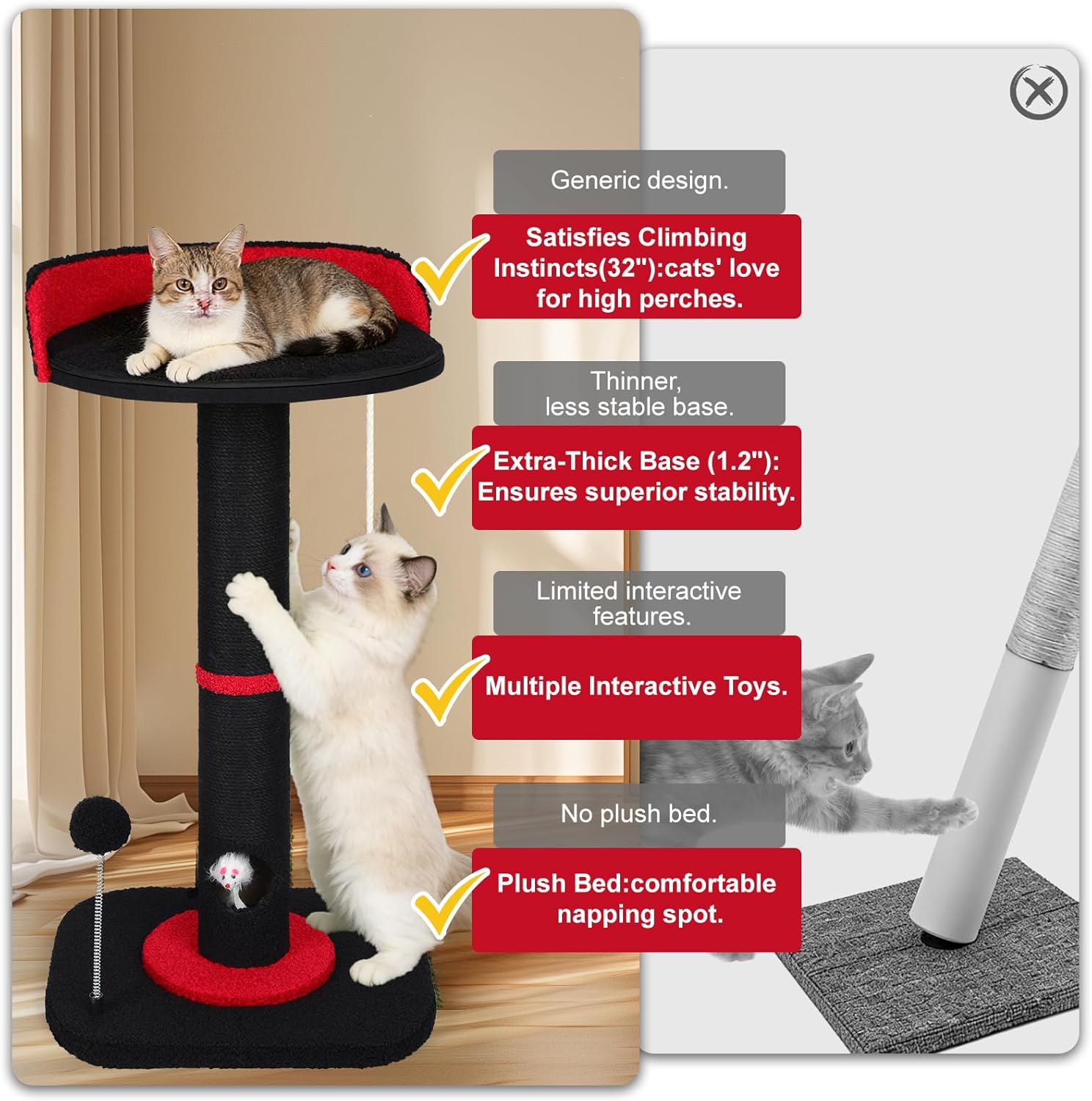 Tall Cat Scratching Post for Indoor Cats Adults, Cat Scratch Post with Sisal Rope Claw Scratcher, Solid Wood Cat Tower with Scratching Post and Cat Toys Mouse Hole, Goth Small Cat Tree (Gothic)