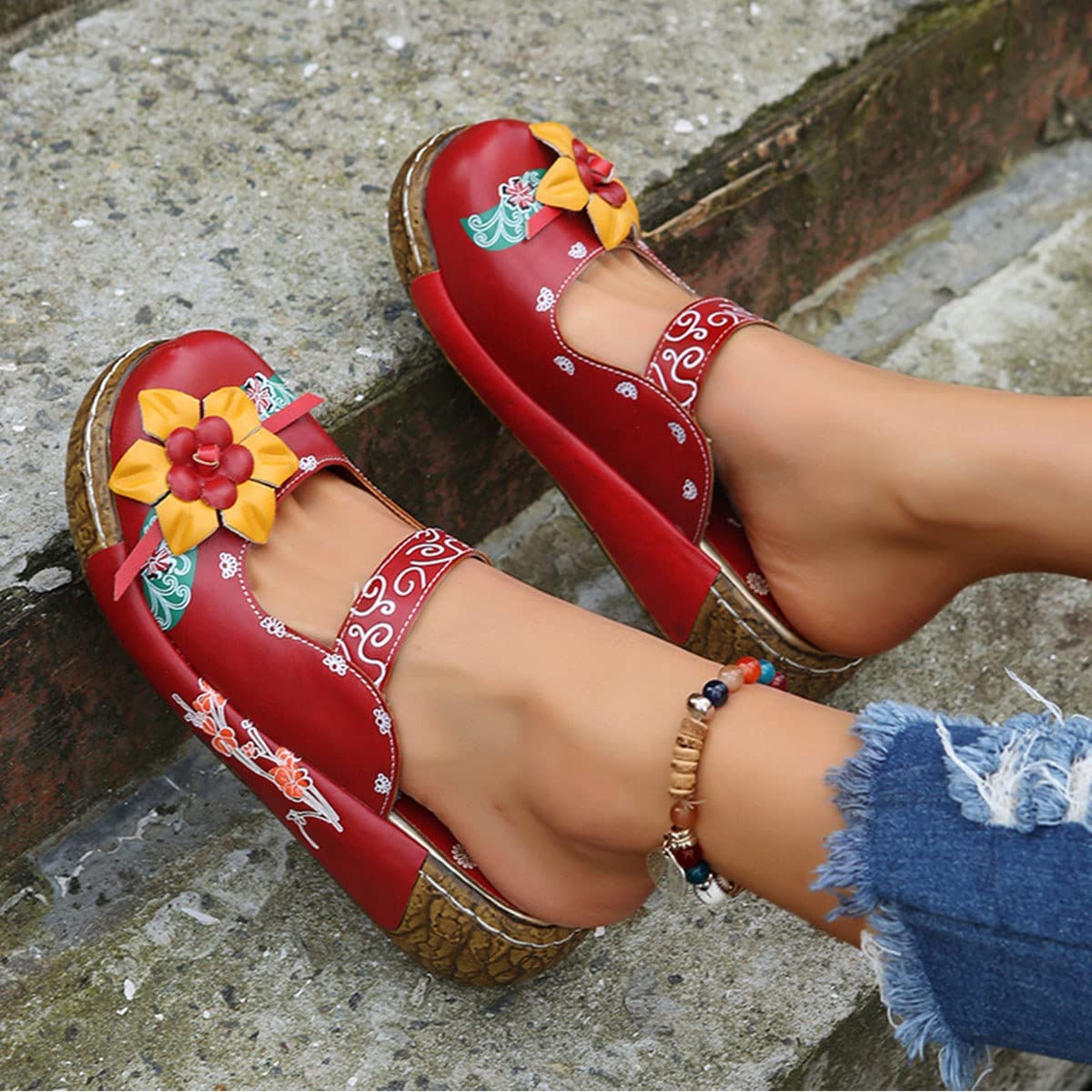 Sabots Femme Sandales Chaussures Compensées Clogs Mules Plateforme Sandales en Cuir Été Fille Vintage Pantoufles Chaussures Confort pour Pieds Larges