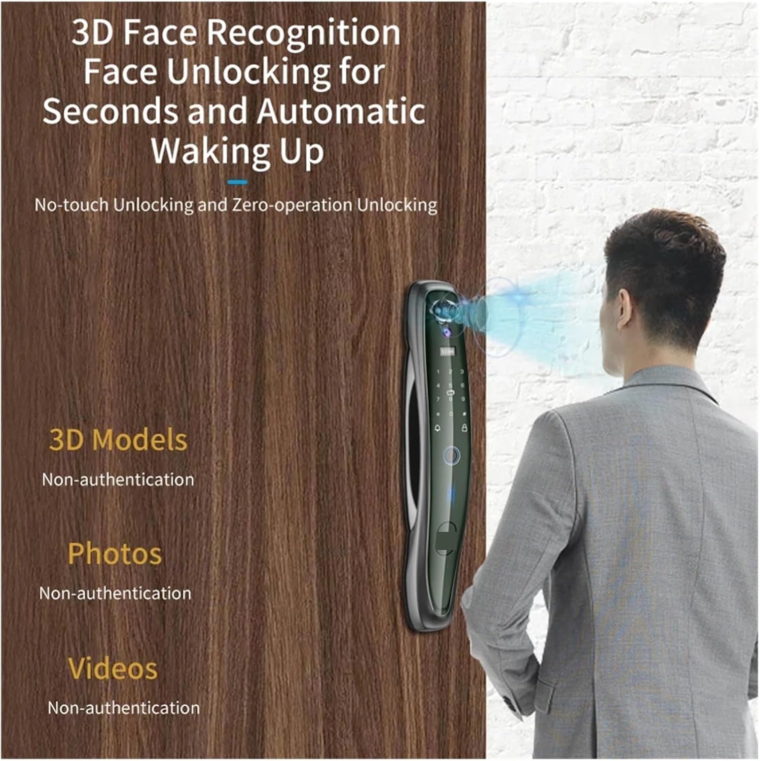 Image showing the high-definition large screen and security monitoring feature of the door lock, with a family visible through the camera's view.