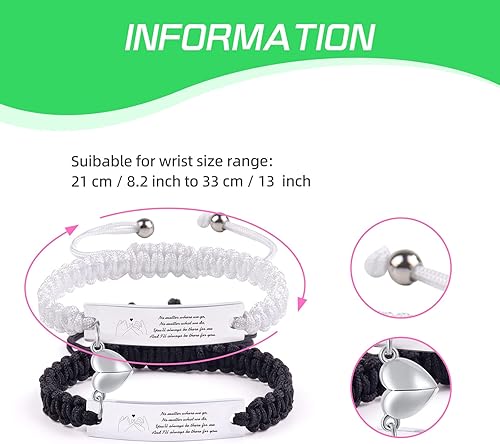 Miniatura 2 de Personalized Matching Heart Bracelets Set for Couples- No Matter Where We Go Bracelets,Handmade Engraved Couples Bracelets,Personalized Braided Rope