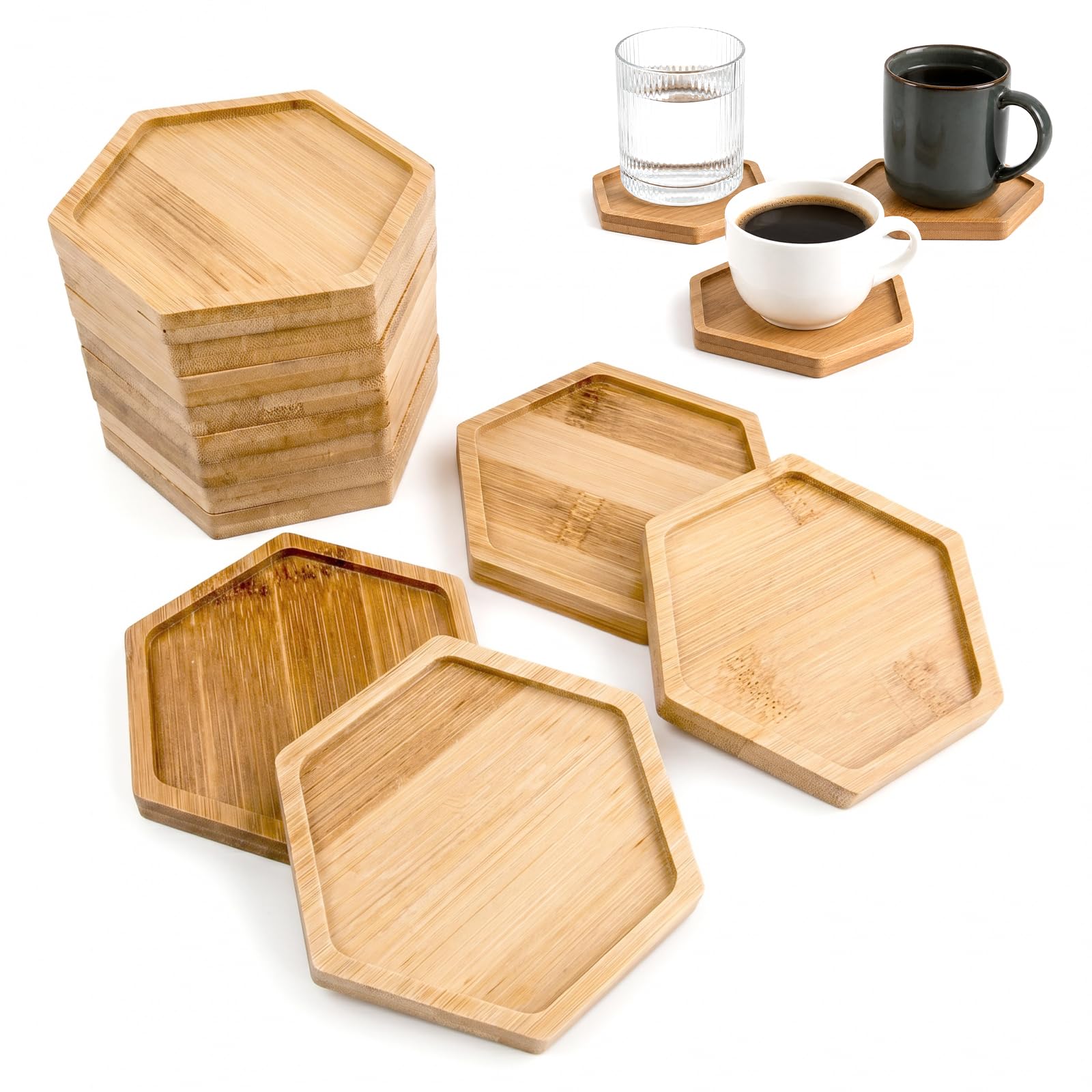 Novocloud Brown 12 Pack Bamboo Coasters Hexagonal Wooden Coasters Bamboo Mosaic Coasters Versatile Blank Base Trays For Crafts Diy Mosaic Supplies, Glasses Coaster, Drinking Cups Coaster, Plants Coaster