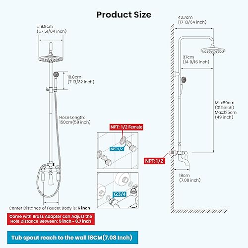 Miniatura 9 de gotonovo Cabezal de ducha redondo de latón antiguo de 8 pulgadas, sistema de ducha de tubo expuesto de triple función, juego de grifo de ducha con 2