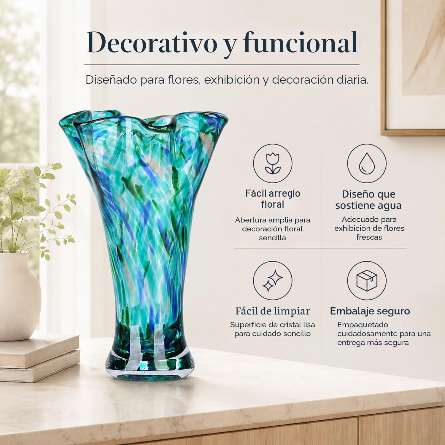 Vasos de vidrio azul petrel de 22,9 cm de altura para flores, jarrón de vidrio soplado a mano, decoración de interior, jarrón para flores verdes de cuello ancho, centros de mesa, para estantería, mesa