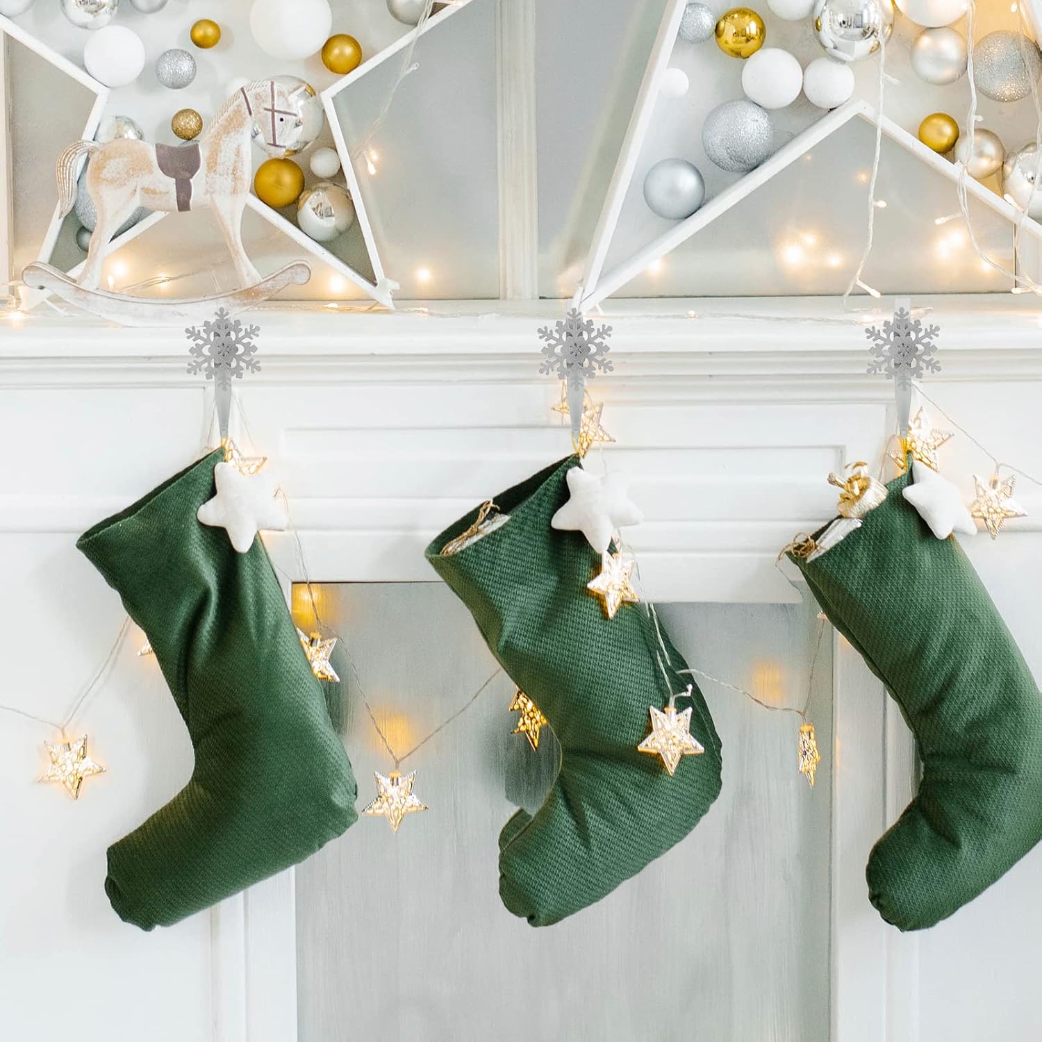 Peryiter 12 Pieces Snowflake Christmas Stocking Holders for Mantle Christmas Stocking Hooks Metal Sock Hangers Holder Stand Weighted for Fireplace(Silver)