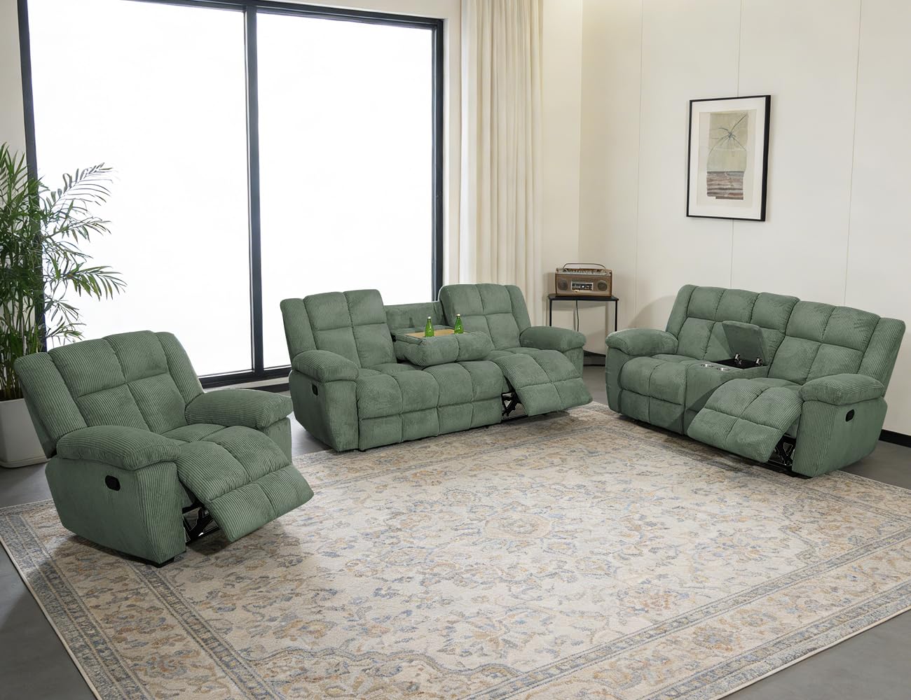Anthato Corduroy Recliner Sofa Set, Manual Reclining Sofa Loveseat Chair with Cup Holders/Coffee Table, Comfy Fabric Recliner Couches, 3-Piece Living