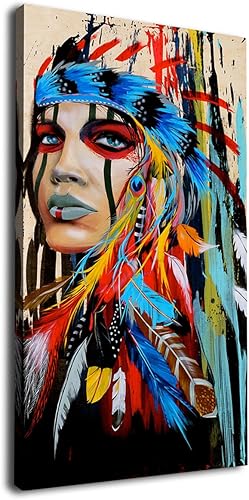 Lienzo decorativo para pared, diseño de belleza india nativa americana, grande, moderno, con plumas coloridas, lienzo contemporáneo para dormitorio,