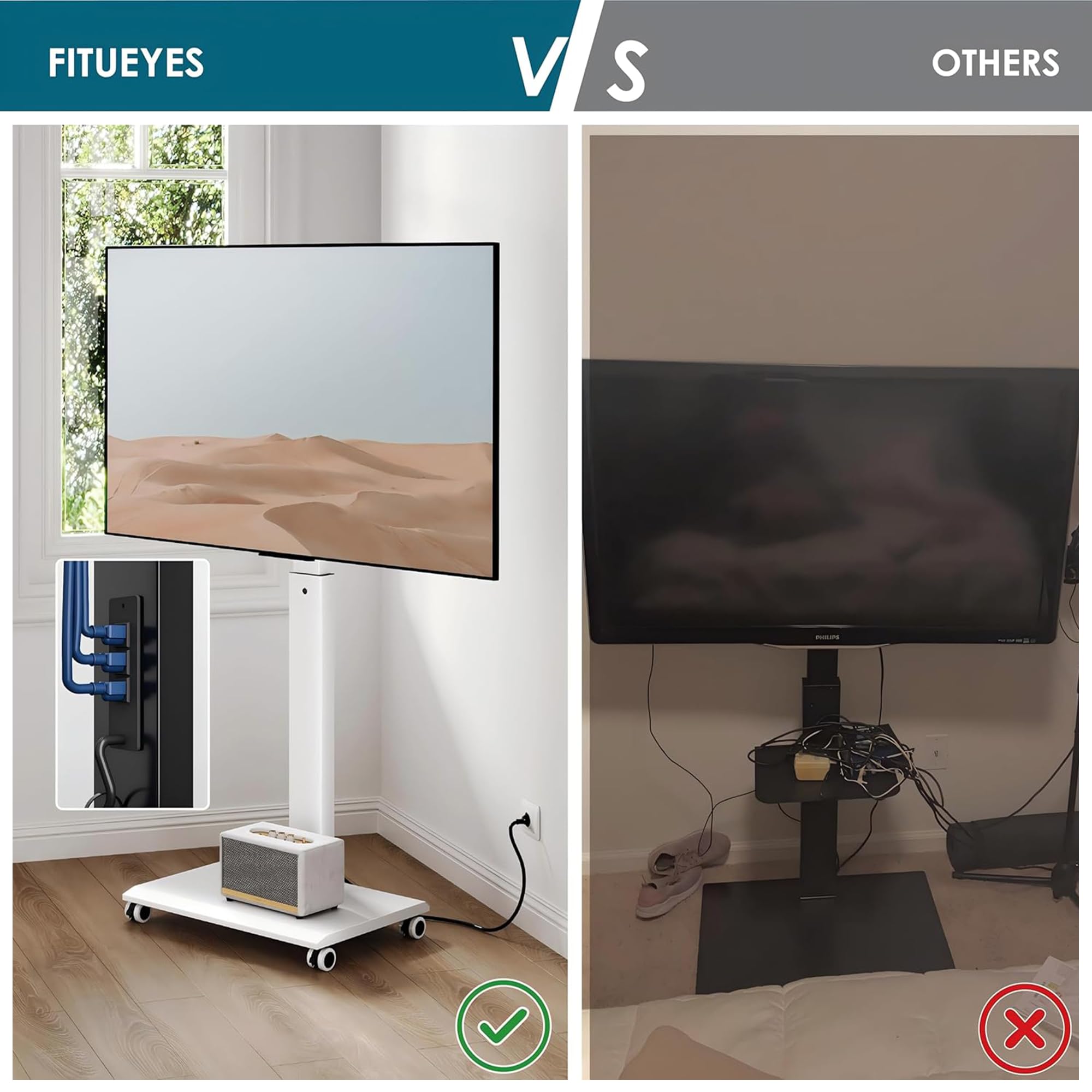 FITUEYES Rolling TV Stand with Power Strip - Mobile TV Stand for 32-75 Inch TVs, Landscape to Portrait Rotating, ±20° Swiveling, Height Adjustable TV Cart Hold Up to 88 Lbs Max VESA 400x600mm