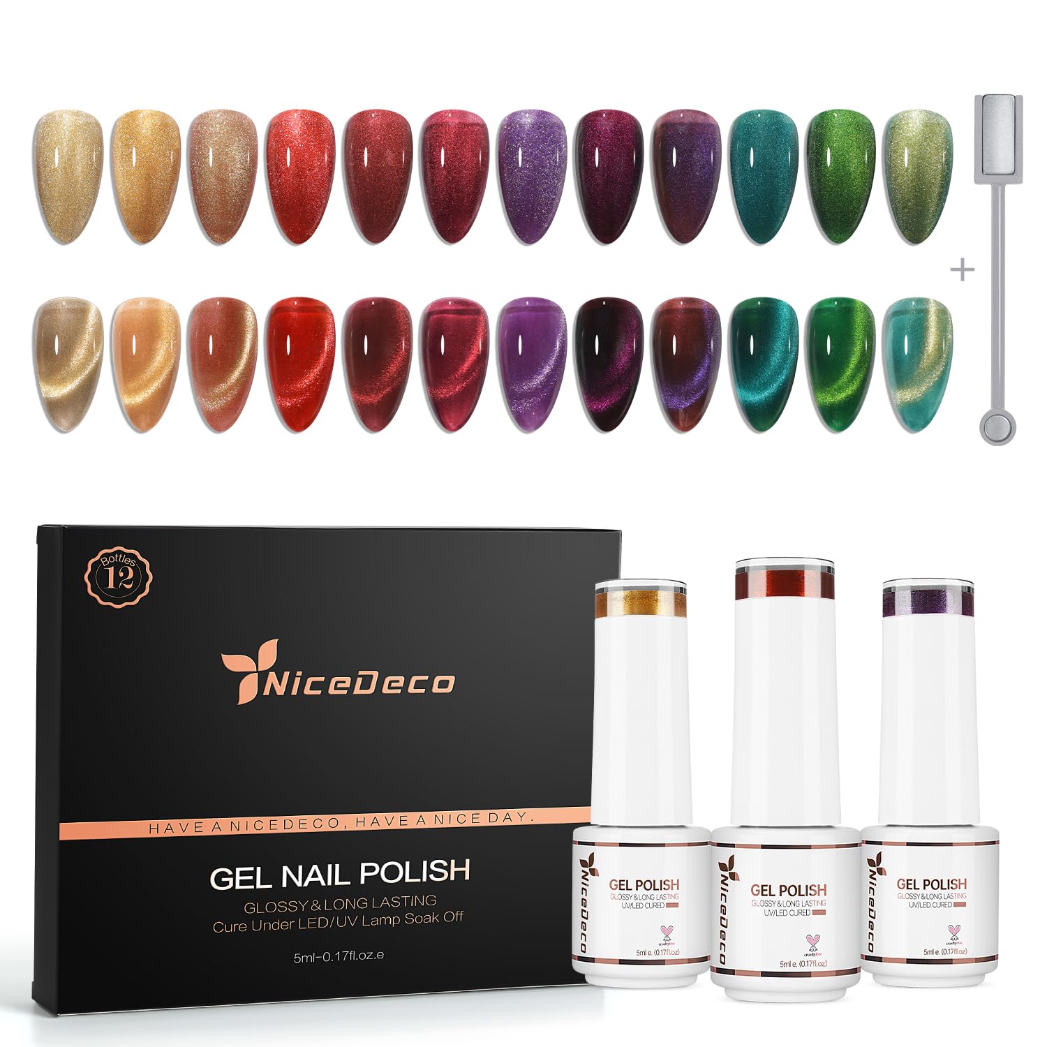 Nicedeco Zestaw 12 lakierów półtrwałych magnetycznych, holograficzny brokat kocie oko, 5 ml błyszczący lakier do paznokci UV LED z patyczkiem, zestaw 11