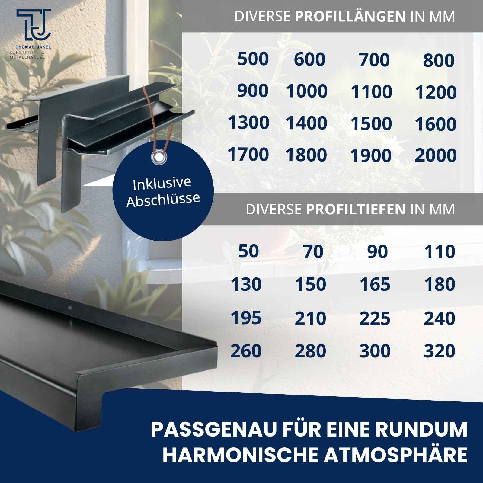 TJ Fensterbank Außen I 70 mm x 1300 mm I Anthrazit RAL 7016 I Aluminium Fensterbrett mit Seitenabschluss I pflegeleichter & langlebiger Alu Fenstersims I pulverbeschichtete Außenfensterbank