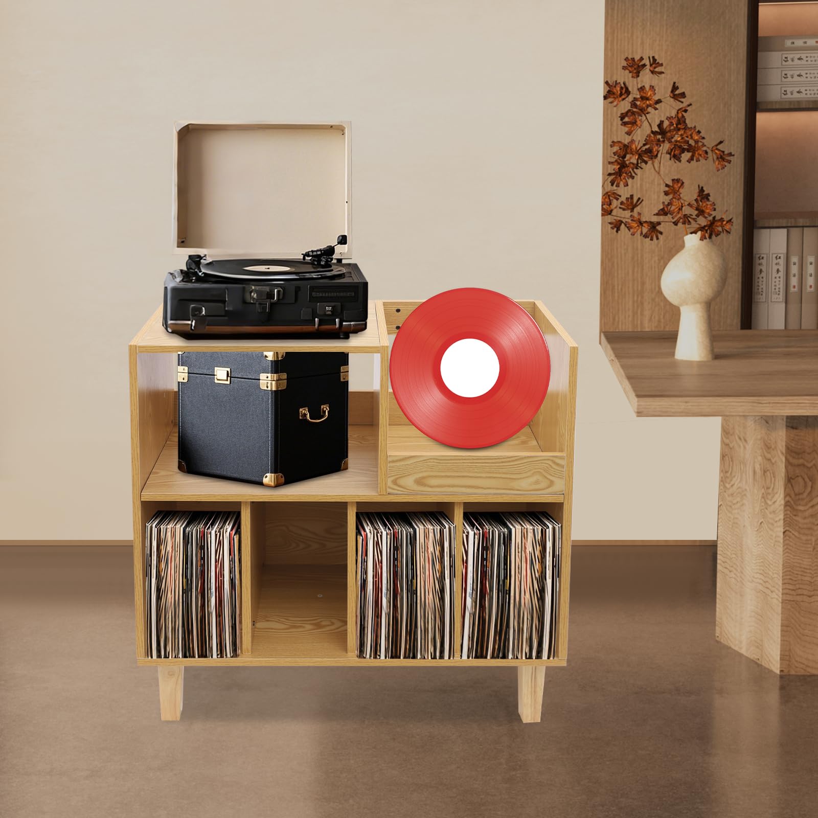 Supporto per giradischi, in legno multistrato con 6 scomparti, portata 45 kg, base rialzata, 82,6 x 80 x 40 cm, per dispositivi di riproduzione in vinile LP CD, per soggiorno