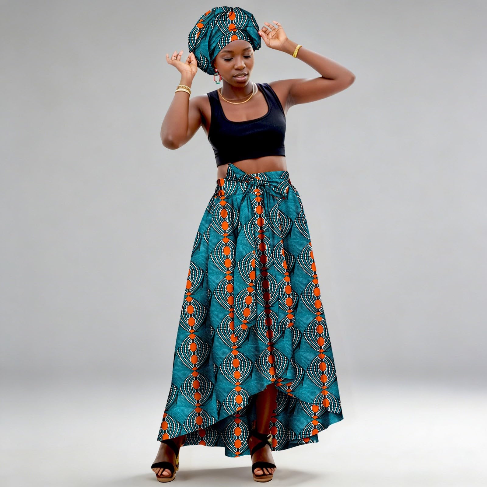 Falda Larga Estampado Africano, elástica, Estilo Wrap, Uso Informal