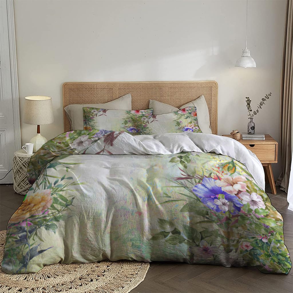 NIBAINLO 布団カバー抽象的なカラフルな花の春の水彩画 肌に優しい ピーチスキン加工 掛け布団カバー 和式 洋式 あったか 布団カバーセット リバーシブル ホームステイ ホテル 家庭兼用