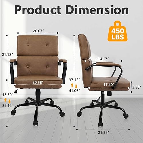 Miniatura 3 de CLATINA Silla de oficina de cuero, sillas de escritorio con respaldo medio con ruedas y brazos, silla de computadora de mediados de siglo, silla de