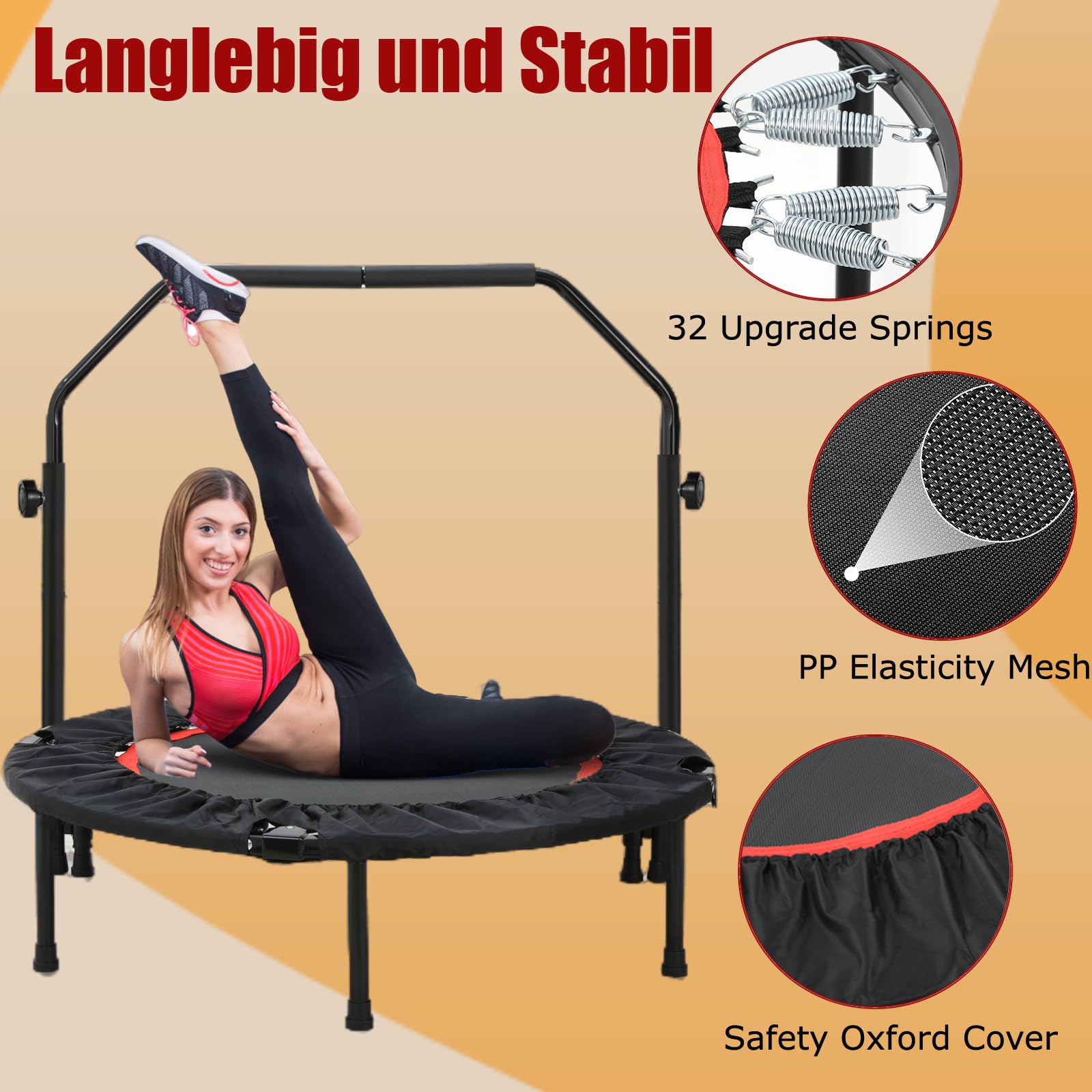 LIFERUN Trampoline de Fitness intérieur Ø 101 cm, capacité de Charge 150 kg, Rebond d'entraînement, avec 3 Niveaux de poignée réglables, Mini Trampoline pour Adultes