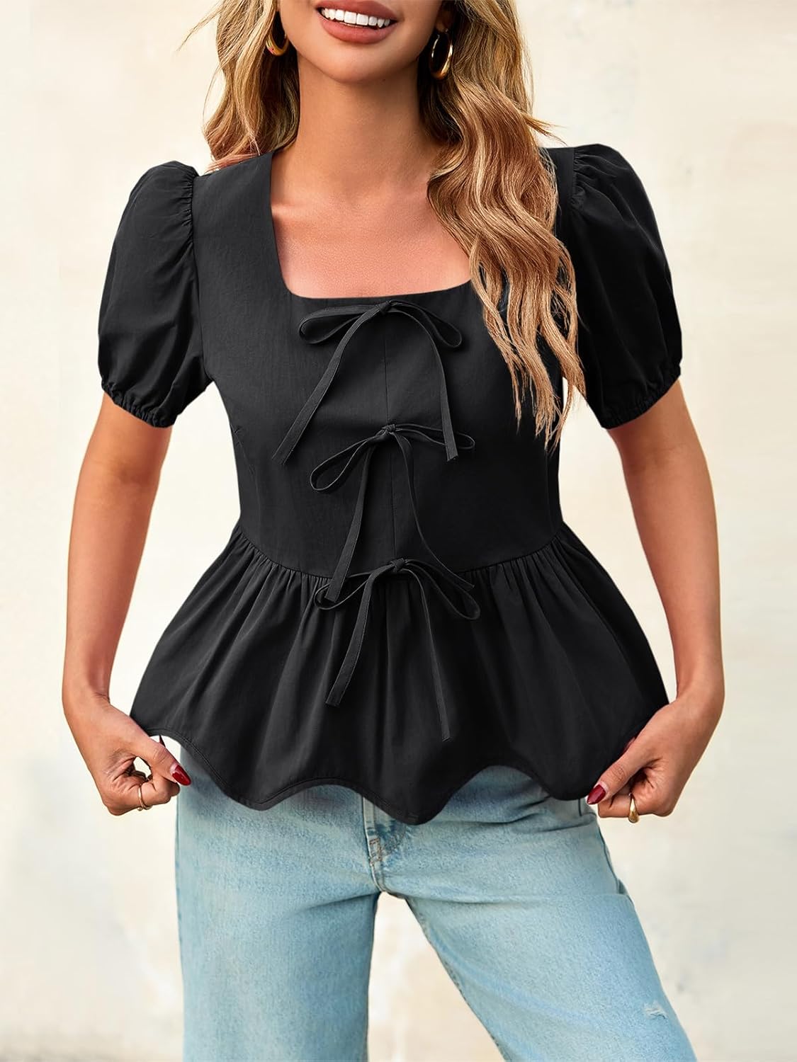Tankaneo Womens Summer Peplum Babydoll Tops Square Neck Short Puff Sleeve Blouses Ruffle Cute Bow Shirts - Image 2