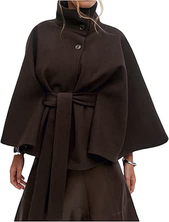 OPCAKM Women's Batwing Sleeve Poncho Coat Oversized Winter Pea Coat with Belt