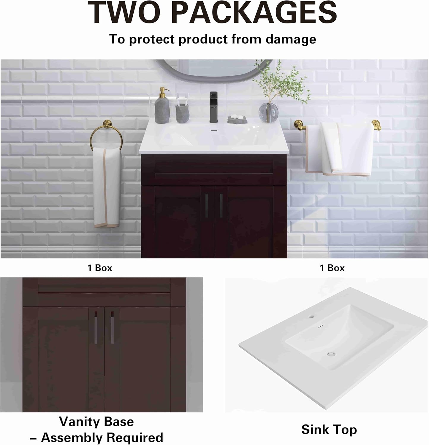 30" Espresso Shaker Bathroom Vanity with Sink – Solid Surface One-Piece Top, Soft-Close Doors, Polyurethane Nano Resin Sink, Pre-Drilled Faucet Hole, Modern Bath Vanity Cabinet Set